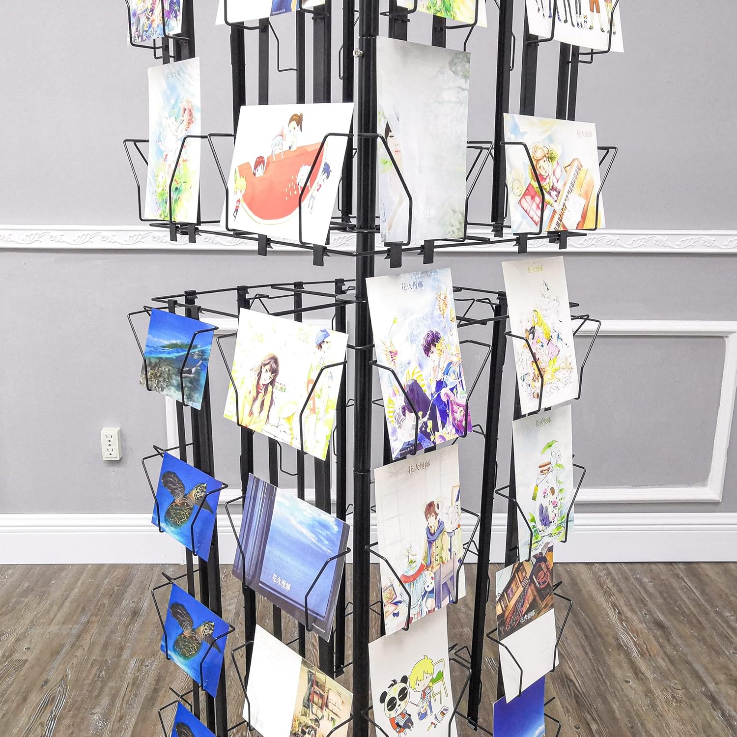 64 Adjustable Pockets Display Rack 5x7 7x5 up to 9.3" Wide X 8" Tall Cards, 1.27" deep Pockets, Double Tier Greeting Post Card Christmas Holiday Spinning Rack Stand Black 11603-L-BLK-NF