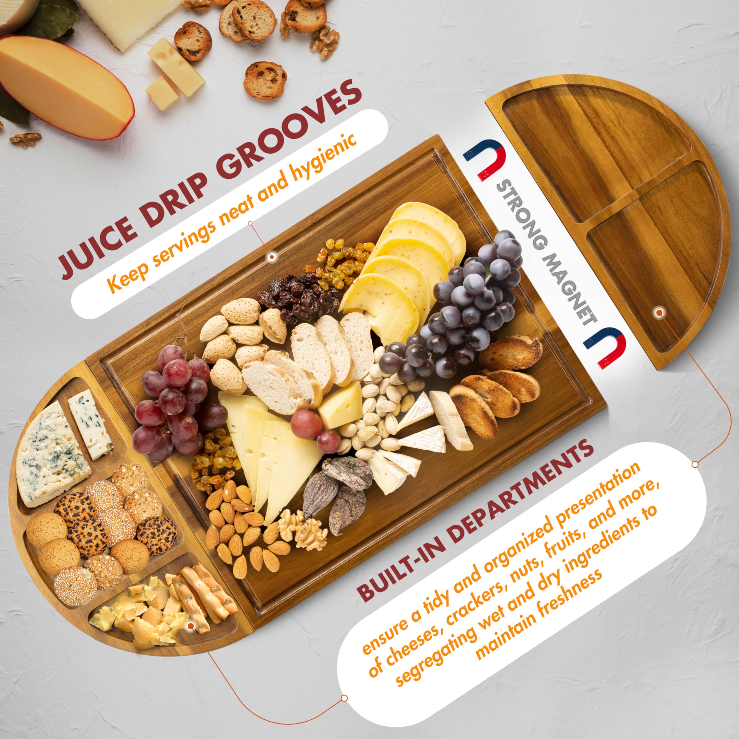 Tablas de embutidos extragrandes, 30 x 13 pulgadas, tabla magnética larga y redonda de 3 partes con juego de cuchillos, abridor de vino y marcador de queso, bandeja única para servir