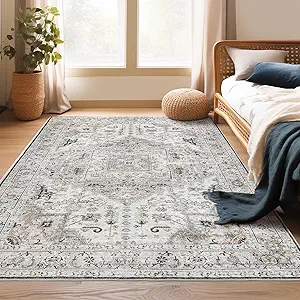 Madane Area Rug 4x6 Washable Rugs: Vintage Living Room Rug Soft Low Pile Non Slip Area Rugs Distressed Indoor Floor Carpet for Bedroom Kitchen Dining Room Home Decor, Ivory/Brown