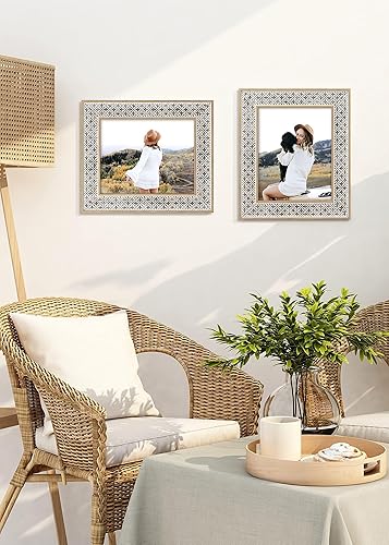 Miniatura 7 de Afuly Marcos de fotos de 8 x 10 pulgadas, marco de fotos bohemio, estilo marroquí, estilo desgastado y elegante, roble con patrón de cruz 3D, marcos