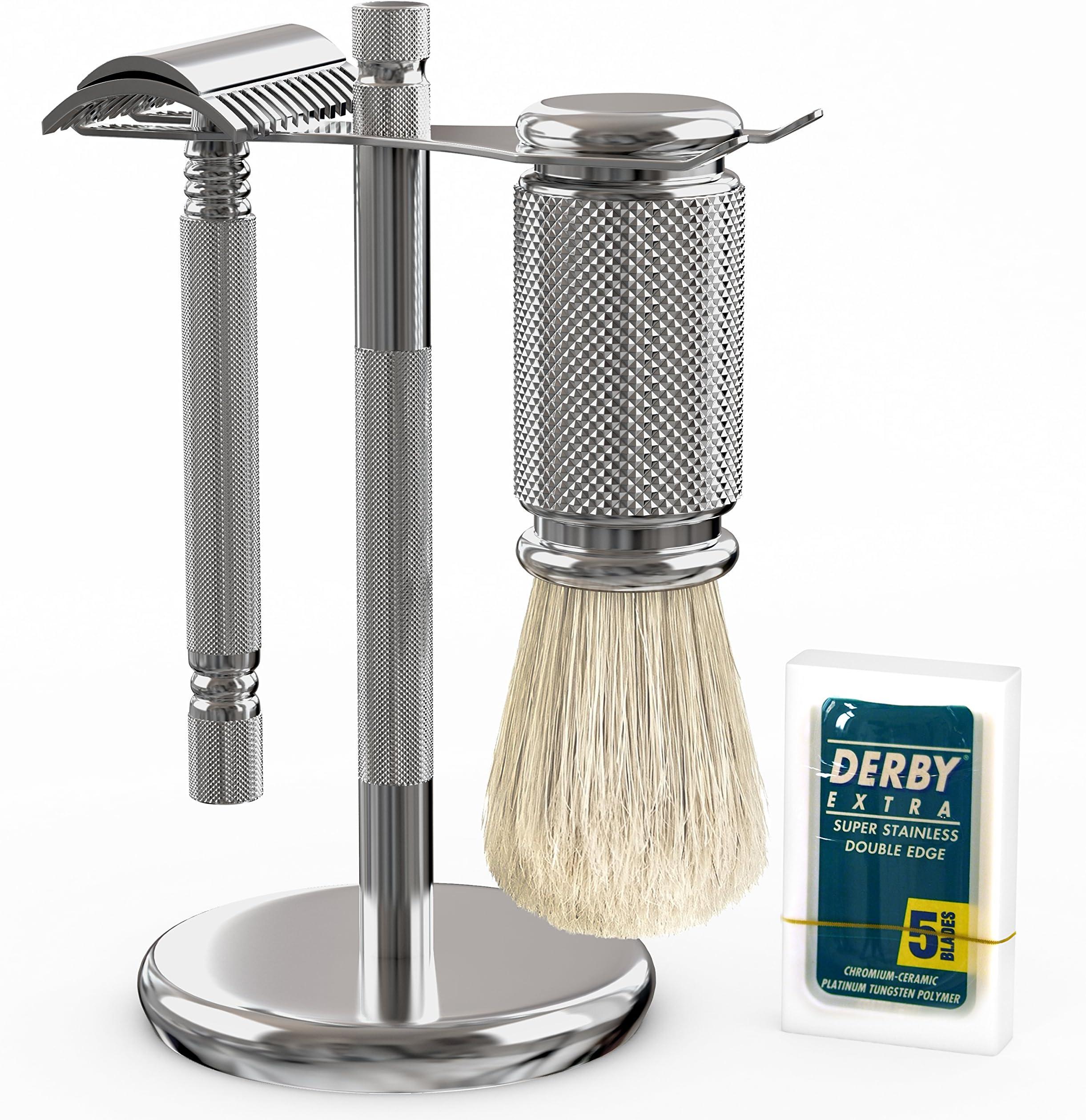 COMPLETE MEN'S SHAVING SET - Sturdy Long Handle Double Edge Razor Kit - Includes Full Stand, Boar Hair Shave Brush and 5 Derby Blades. Everything You Need To Start Shaving Including Our Best Selling Premium 3 Piece Open Comb Razor in a Convenient Gift Set. Outstanding Offer Only From AmbroleyOnline - 60 Day Money Back Guarantee. You Won't Be Disappointed! Makes a Great Gift
