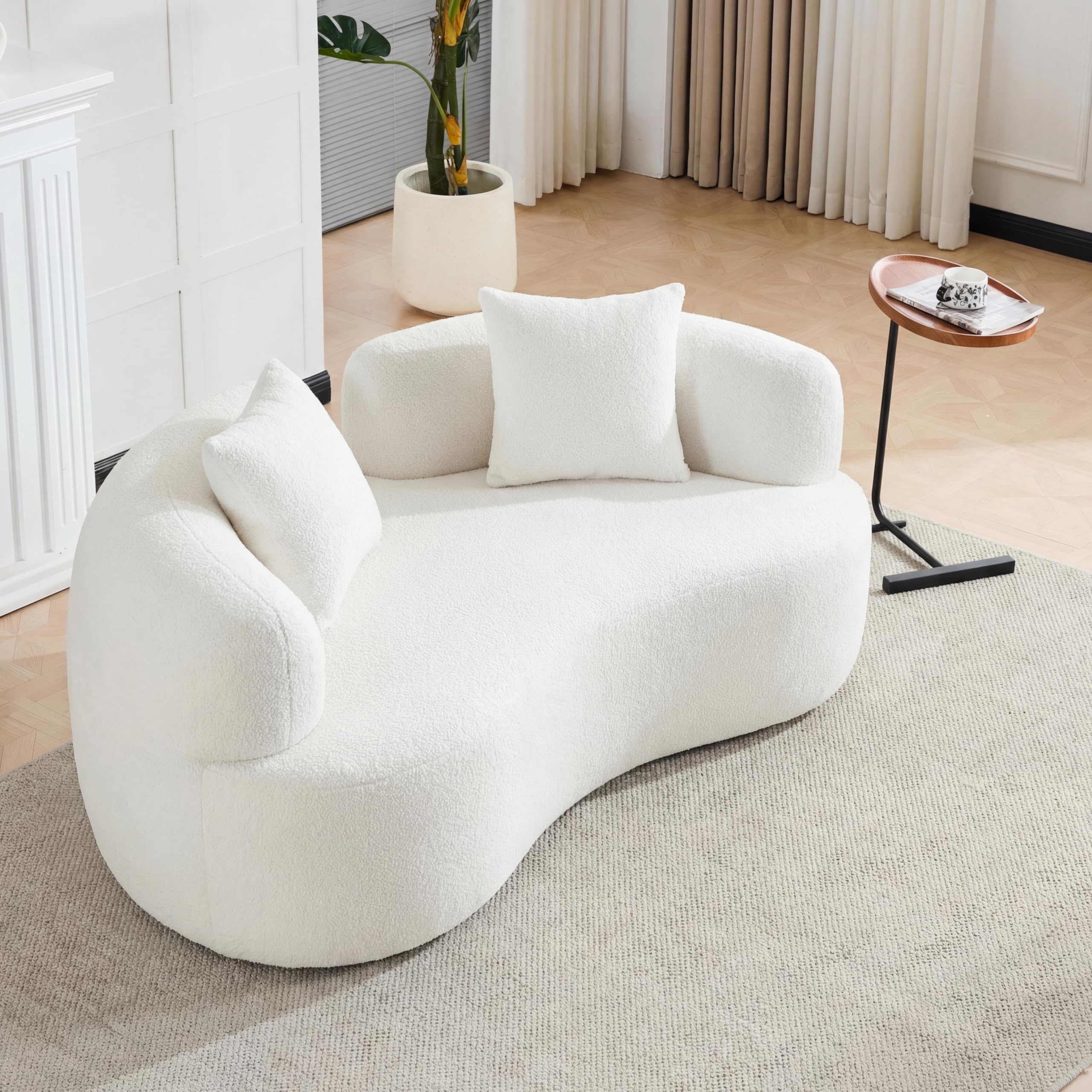 67" Curved Loveseat Sofa, Deep Seat White Couch with 2 Pillows | Crafted from Teddy Fabric, Boneless Construction, No Assembly Required for Living Rooms, Bedrooms and Apartments