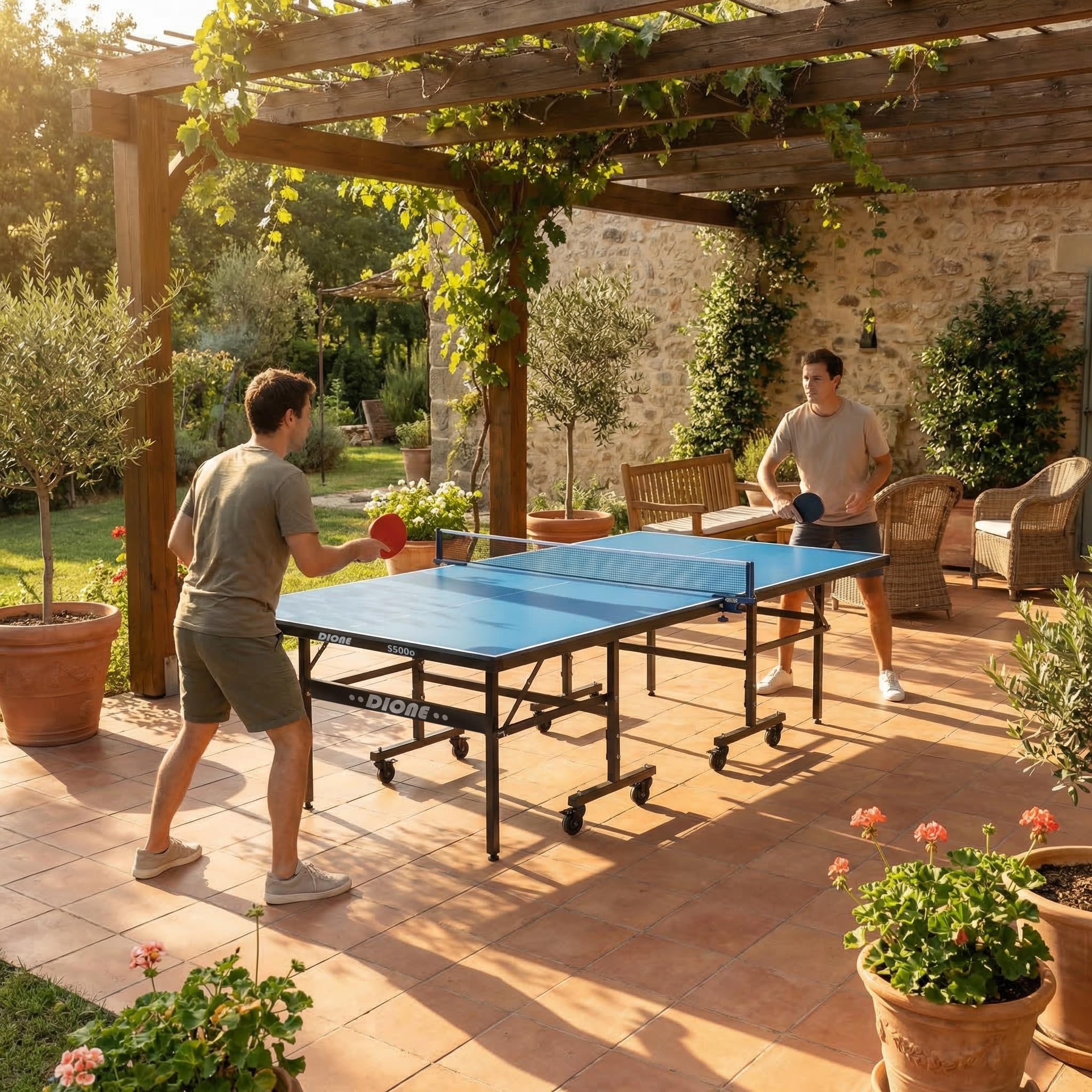 Dione S500o - Mesa de Ping Pong (6 mm, Plegable, para Exteriores, 55 kg, 10 Minutos de instalación)