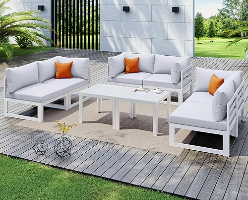 Miniatura 116 de NICESOUL 7 Piece White Powder-Coated Aluminum Patio Furniture with Fire Pit Table, 29 Inch Extra Wide Outdoor Sectional Sofa for 6, High-End Heavy