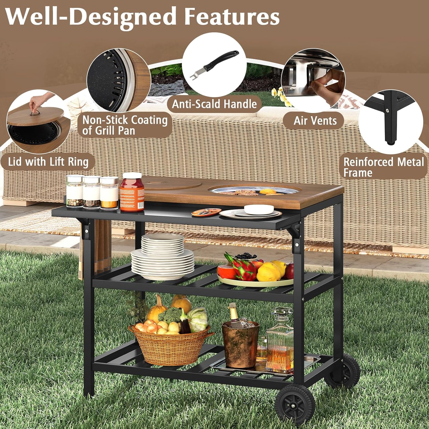 Giantex Outdoor Grill Cart with Korean BBQ Charcoal Grill, Dual Cooking Surfaces, Rolling Food Prep Table with Foldable Side Shelf, Storage Shelves, Wood-Look Top, for Patio, Party & Backyard Cooking