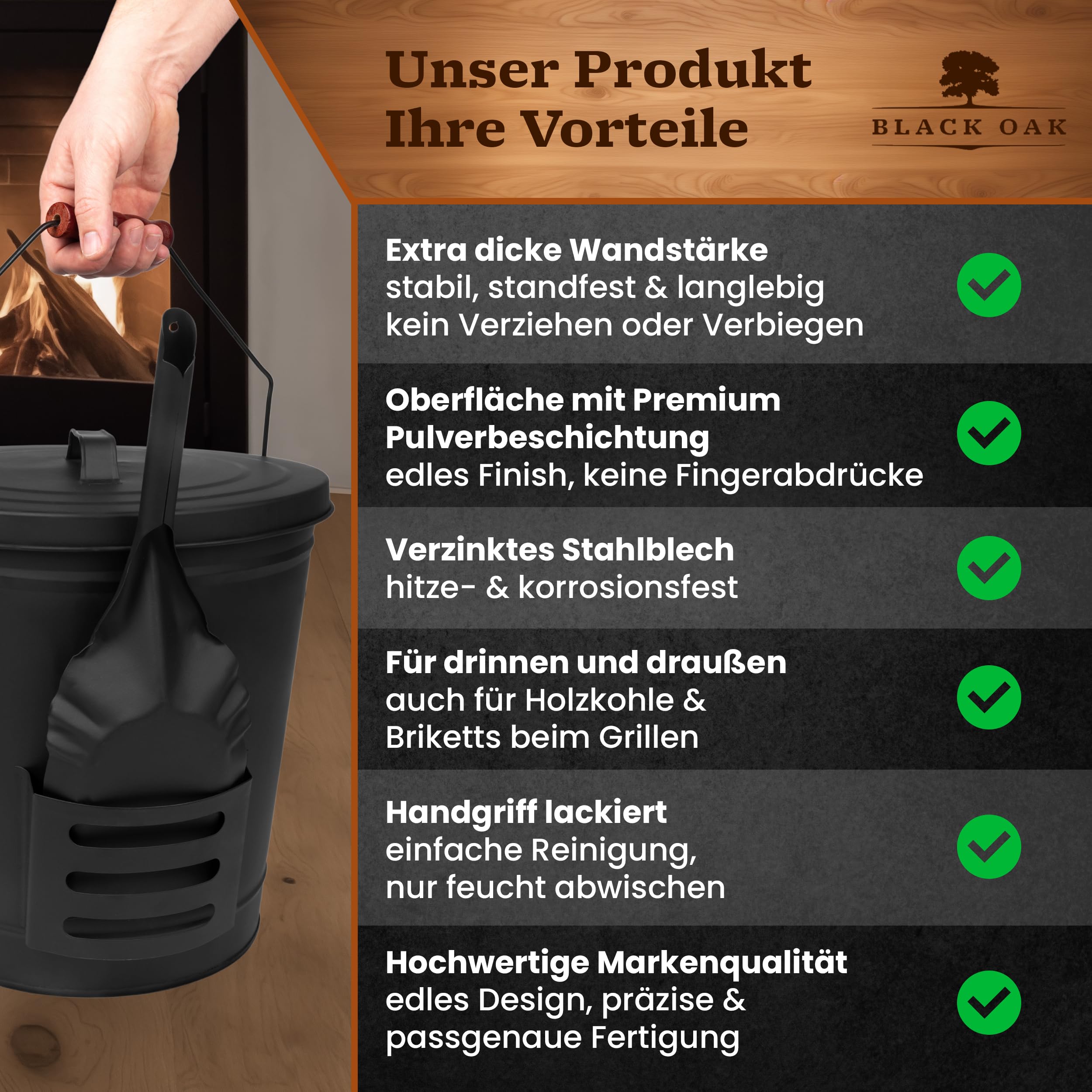 BLACK OAK Ascheeimer Stromboli 20L – schwarz mit Deckel & Schaufel - Bügel Silber - groß 20 Liter Stahl feuerfest verzinkt & pulverbeschichtet Asche & Kohle Eimer Zubehör Kamin Kachelofen Holzofen