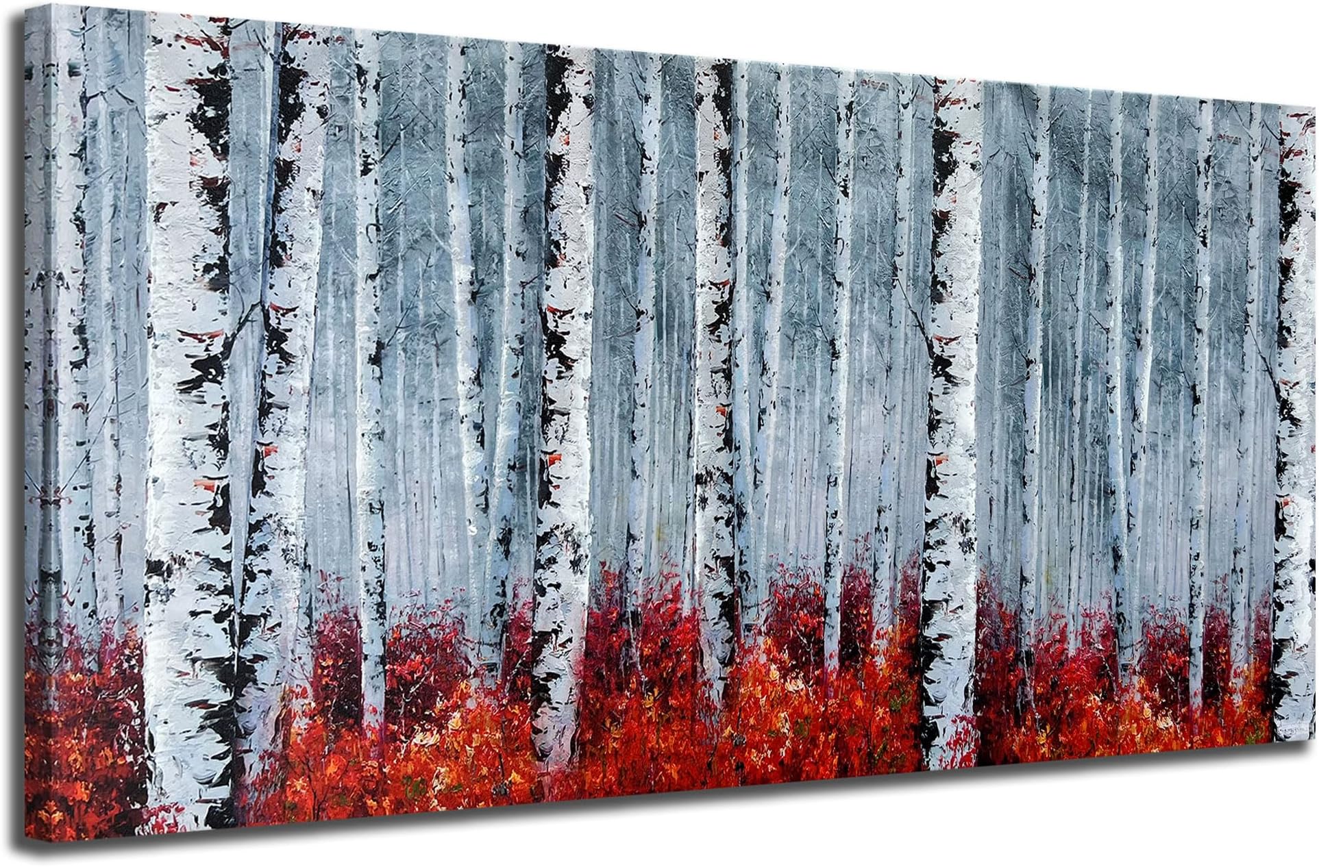 Arjun Birch Tree Wall Art White Landscape Painting Grey Canvas Forest Red Nature Panoramic Picture Rustic for Living Room Bedroom Home Office Decor, Large 48"x24"