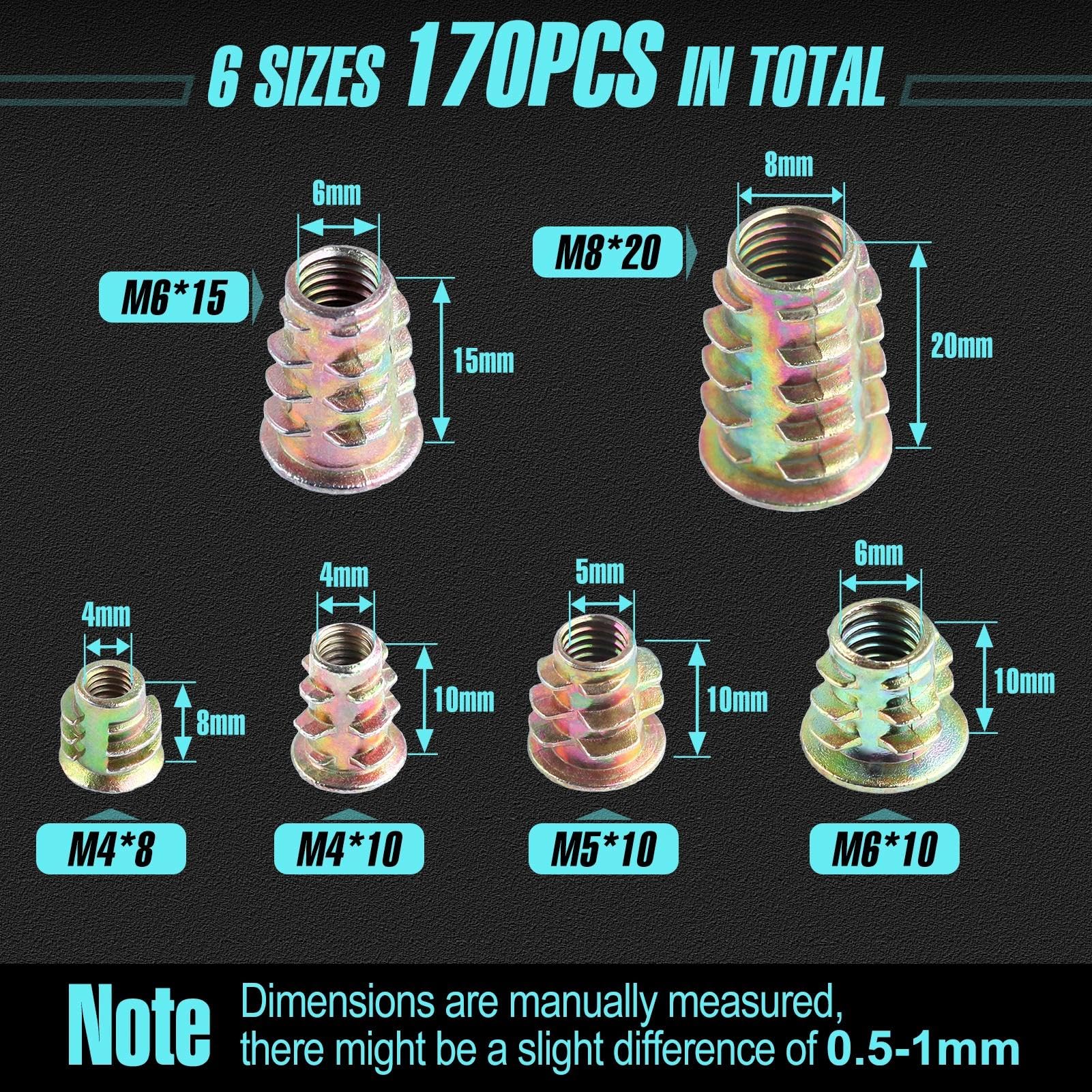 LEONTOOL Threaded Inserts for Wood 170PCS 6 Sizes M4 M5 M6 M8 Wood Inserts Assortment Kit - Image 2