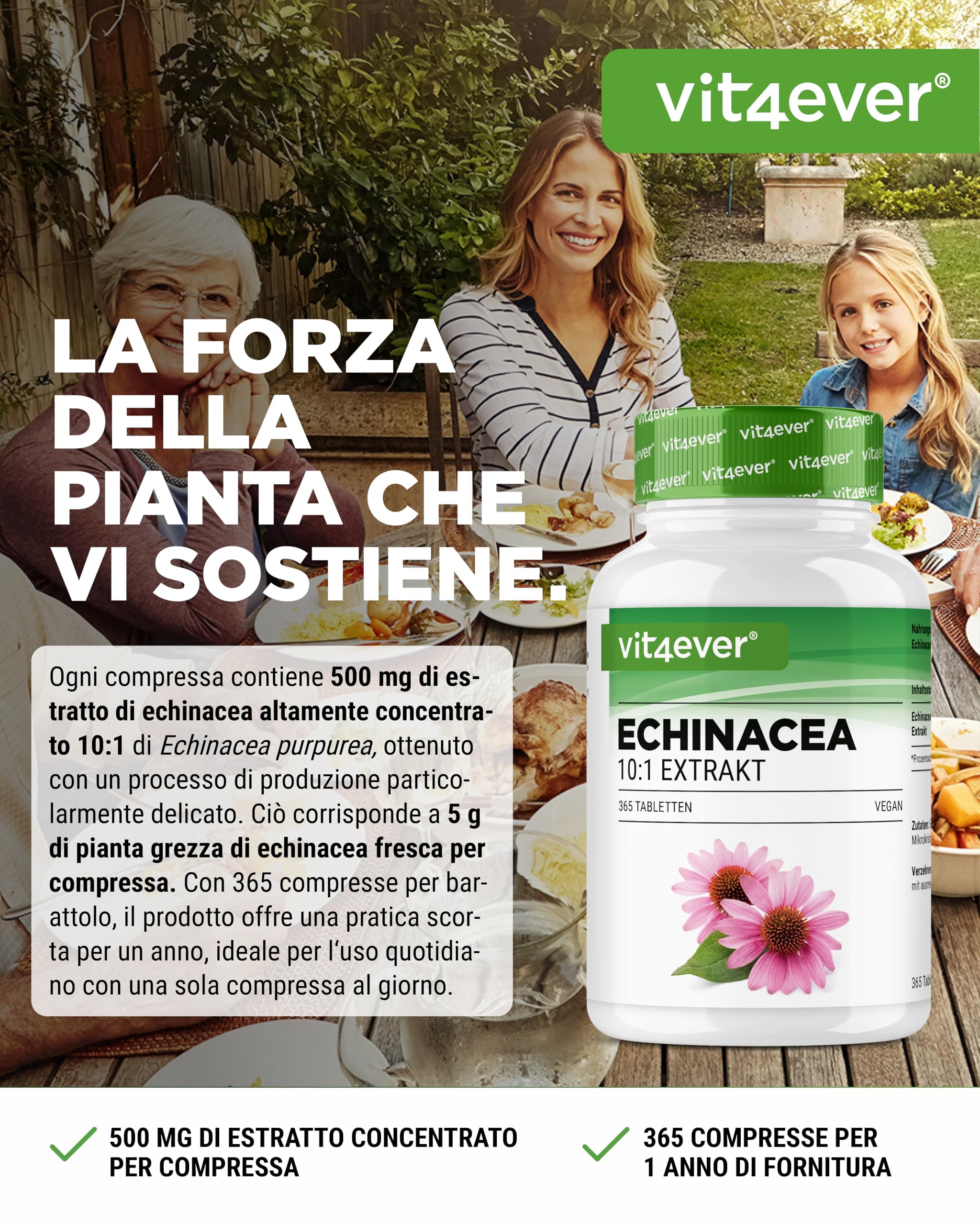 Echinacea 500 mg - 365 compresse vegane - Estratto naturale di echinacea 10:1 - Altamente dosato - Senza additivi indesiderati - Vegano