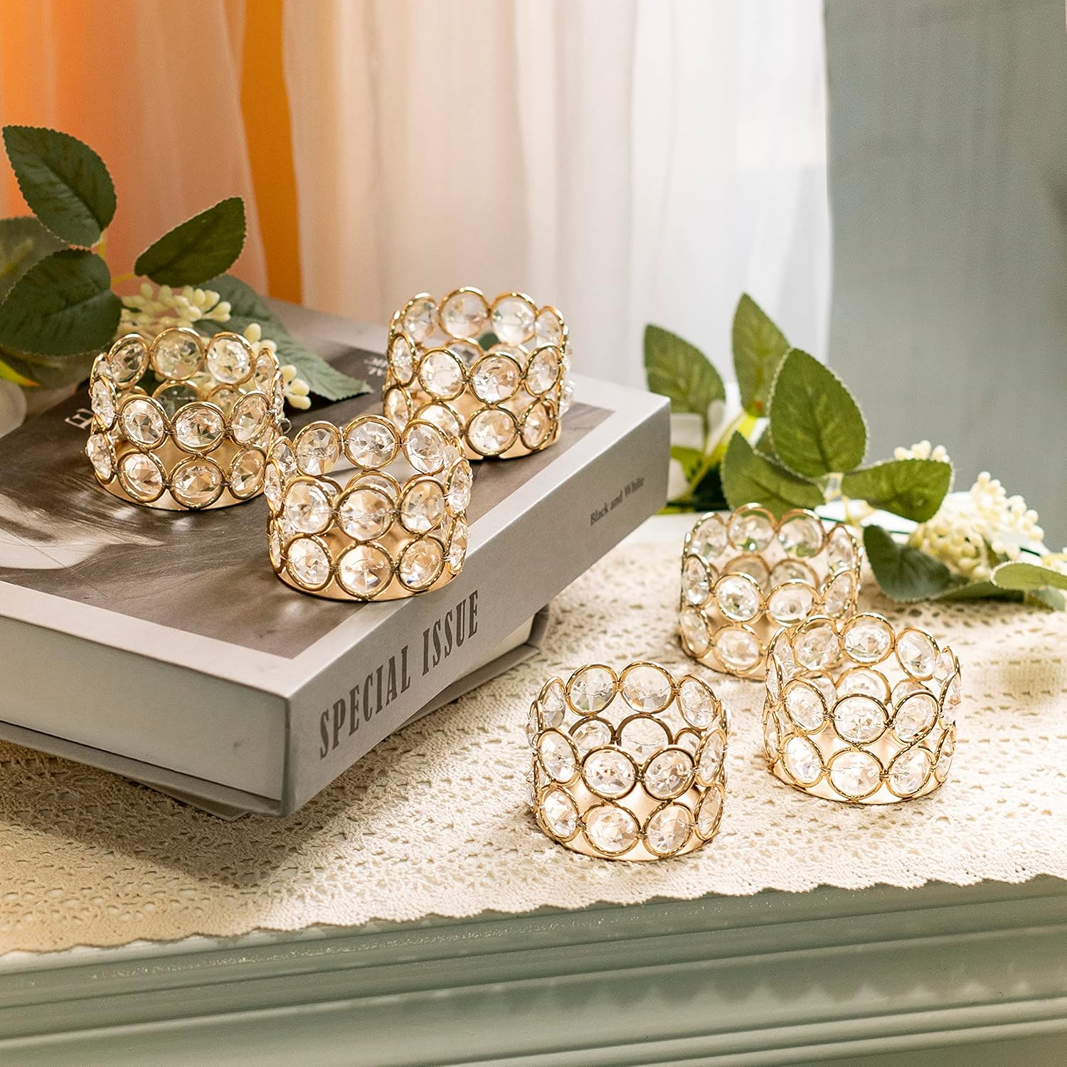 Pack of 10 Gold Crystal Tealight Candle Holders, Decorative Tea Lamp Candlesticks, Votive Candles Table Centerpieces for Wedding Party Home Decoration Creative Gifts (10pcs, Gold)
