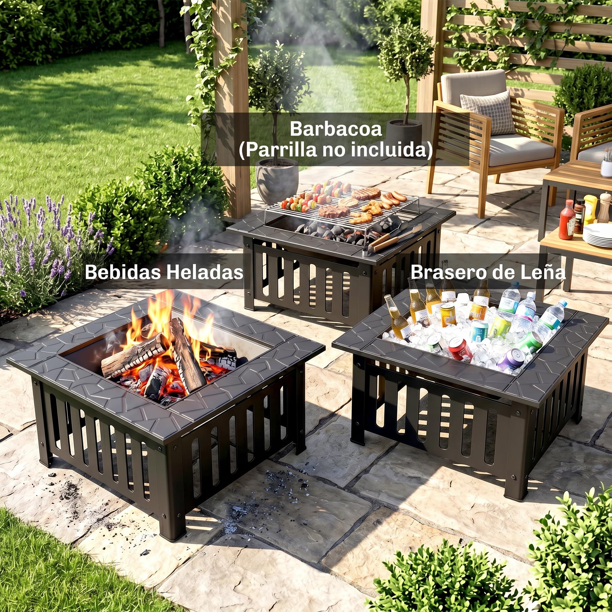 Outsunny Brasero Exterior de Acero Cuadrado, 67x67x47 cm, Brasero Exterior Jardín con Atizador, Tapa de Malla, para Terraza, Camping, Fiesta, Negro