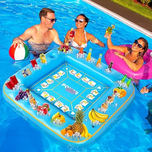 Miniatura 6 de Elcoho Mesa de juego inflable extra grande de 55 x 55 pulgadas con naipes impermeables, mesa de billar flotante, soporte para bebidas, bandeja