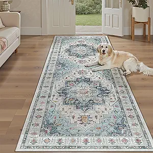Madane Hallway Runner Rug 4x8 Wide: Washable Thin Runners for Hallways Entry, Non Slip Soft Vintage Kitchen Rugs Low Pile Carpet Runners for Living Room Bedroom Dining Room Foyer (Blue, 4x8)