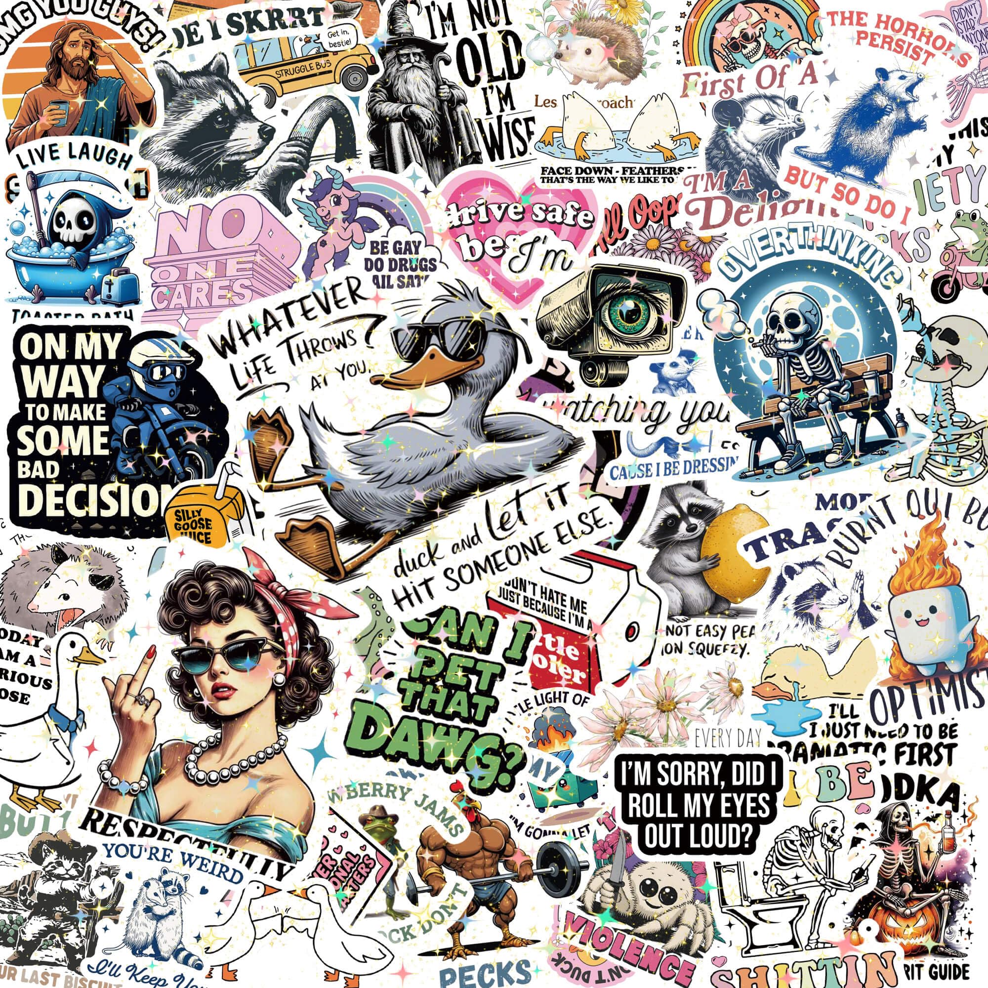 200 Pcs Holographic Funny Meme Stickers for Adults, Waterproof Vinyl Sarcastic Animal Decals with Raccoon, Frog, Possum & Skeleton Humor for Water Bottles, Laptop, Skateboard & Journal (Dirty)