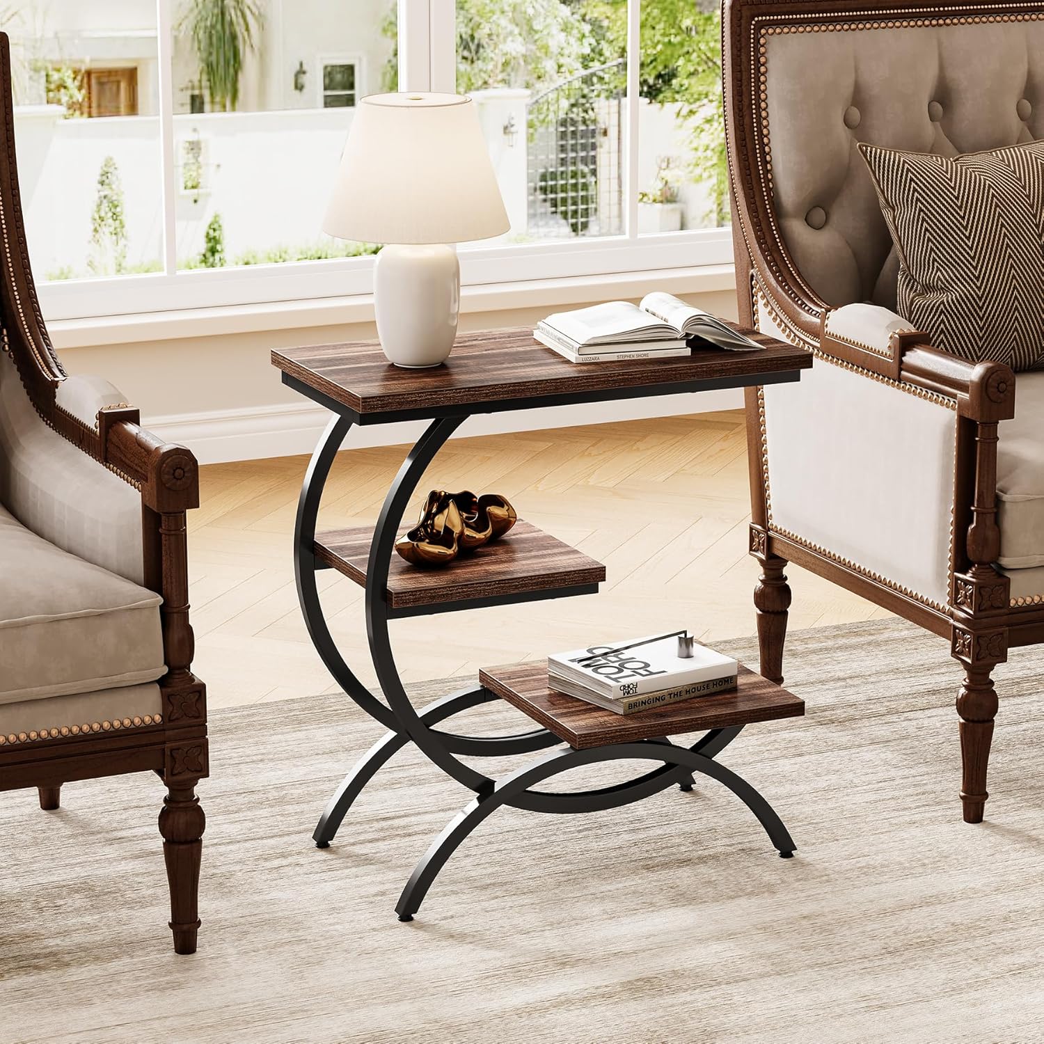 LITTLE TREE End Table, Narrow End Table with 3 Storage Shelves, Industrial C-Shaped Small Sofa Side Table for Living Room, Wood Slim Snack Table with Black Metal Frame, Rustic Brown