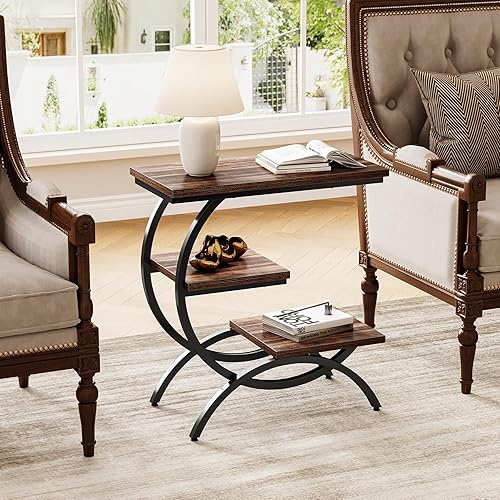 Miniatura 7 de LITTLE TREE Juego de 2 mesas auxiliares, mesa auxiliar estrecha con 3 estantes de almacenamiento, mesa auxiliar industrial en forma de C para sala