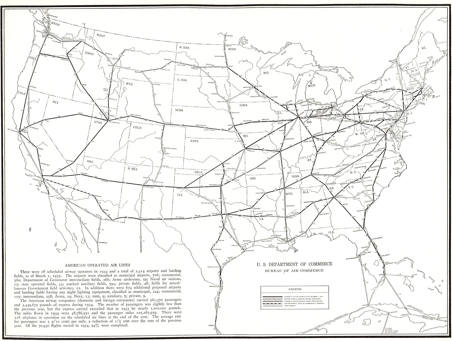 1937 Antique United States Airlines Map Original Vintage Aviation Map of United