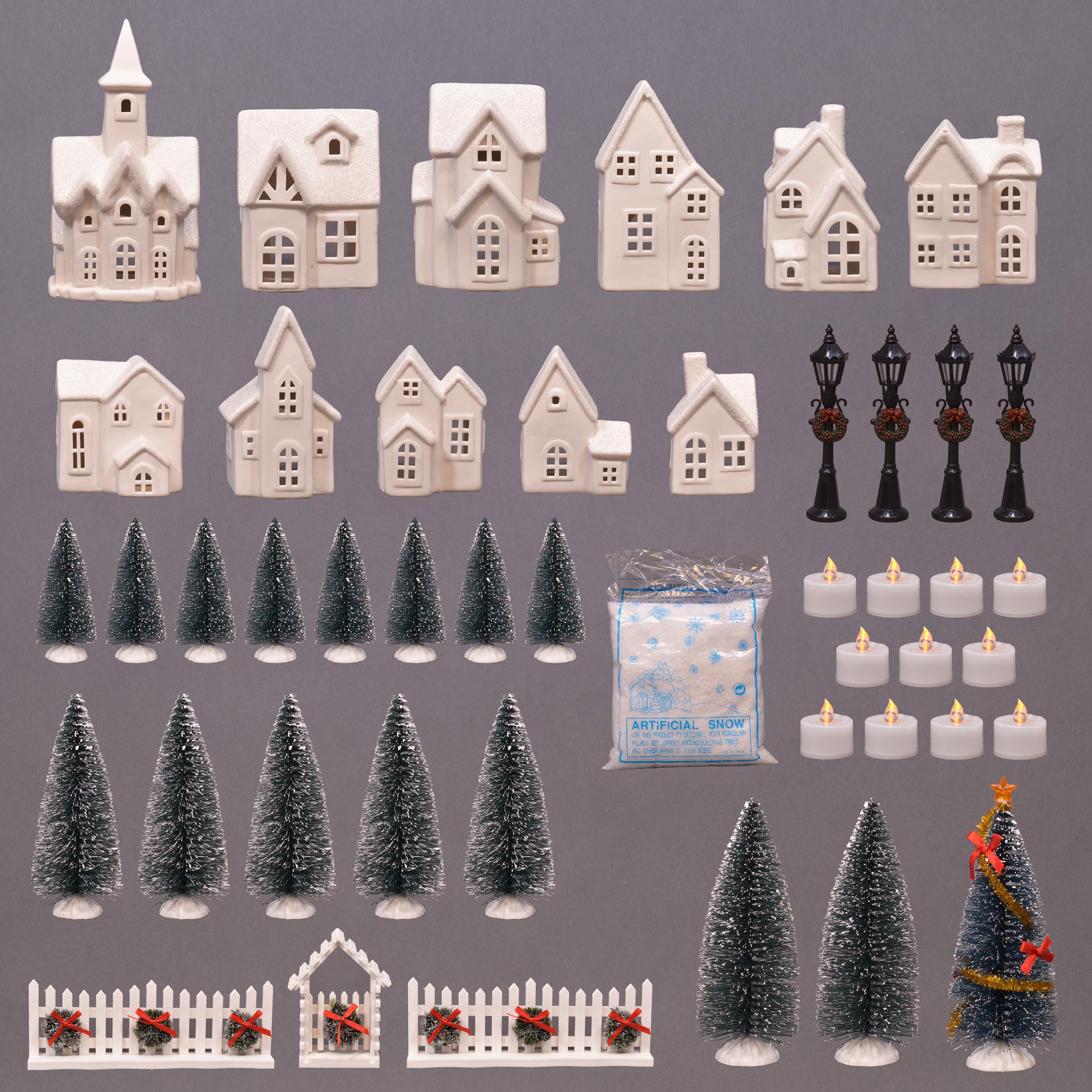 Ultimate Holiday Winter Village - Pantalla LED preiluminada, casas de porcelana blanca sin esmaltar, juego de 46 piezas en caja de Navidad, incluye velas de té, árboles, postes de lámpara y nieve