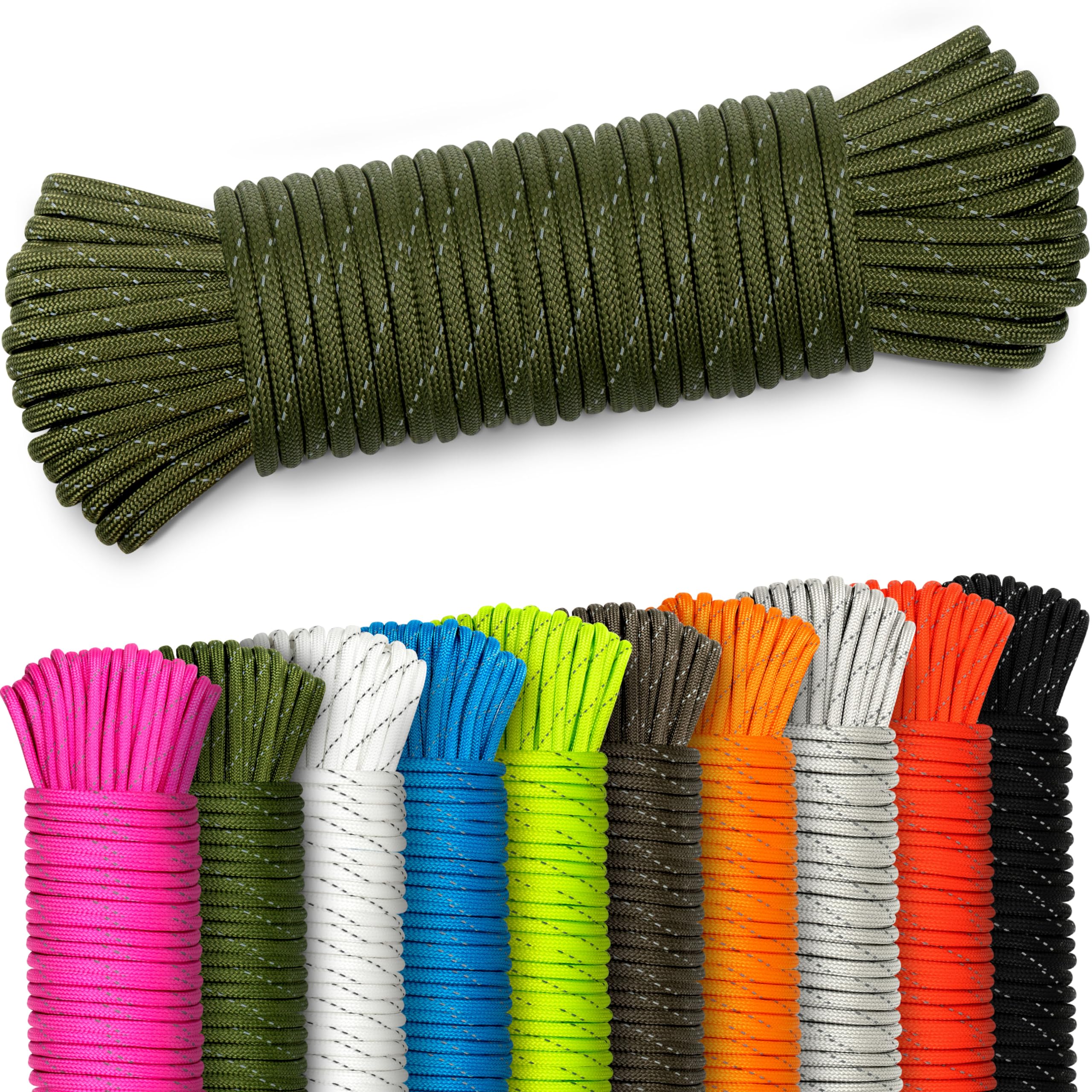 NOWA AMZoutdoor® 4mm odblaskowa linka Paracord 550 | Odblaskowa linka Paracord | Sprzęt outdoorowy | Kemping outdoorowy | Linki Paracord (Oliwkowo-zielona/kamuflaż odblaskowy, 5 metrów)