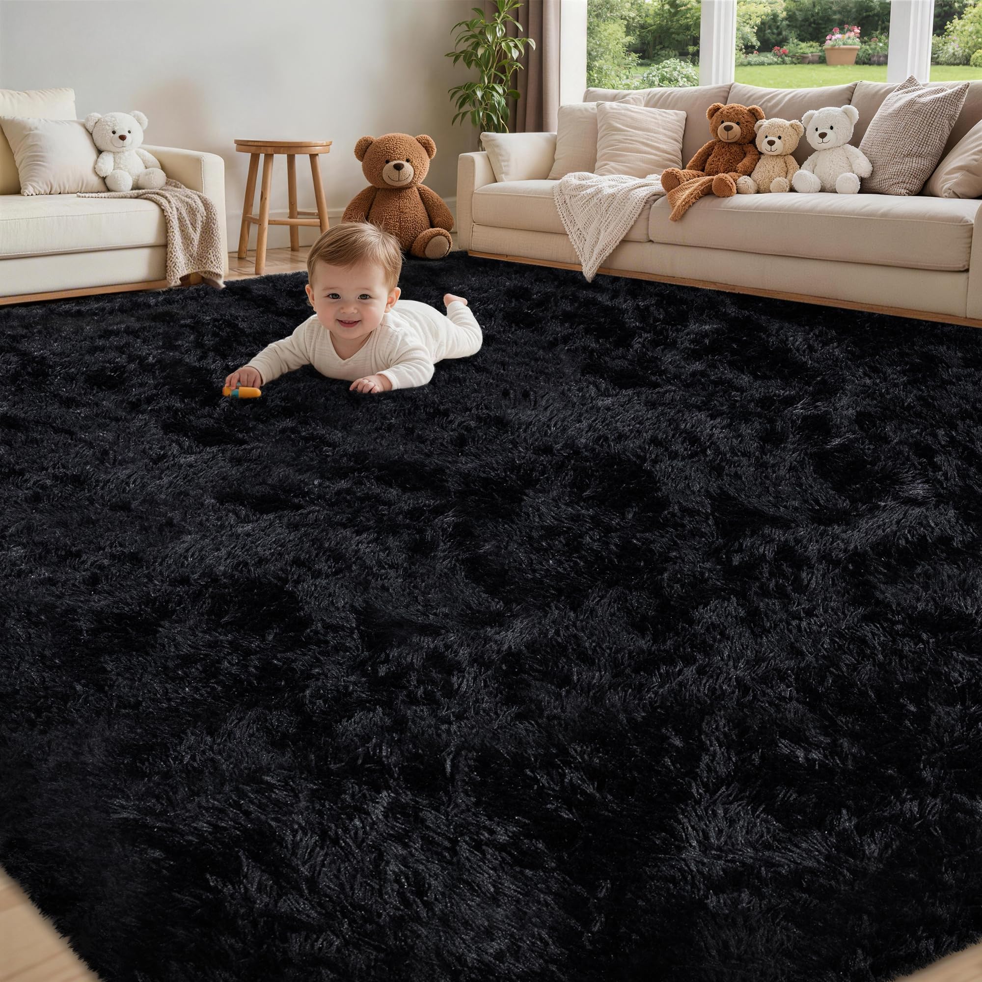 8x10 area rug for living room:ultra soft fluffy shag black rugs,large fuzzy plush indoor non slip carpet washable rug for bedroom kids nursery office dorm modern decor(black)