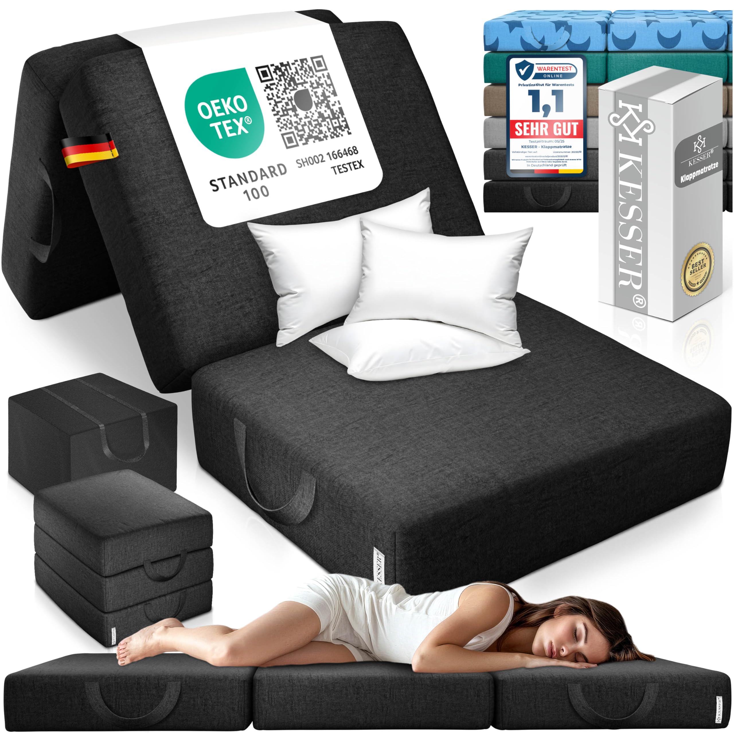 KESSER® Klappmatratze 75 x 195 x 15 cm Gästematratze 3-Fach faltbar zum Sitzhocker Faltmatratze Schaumstoff 25kg/m³ extra dick 15cm atmungsaktiv waschbar Abnehmbarer Bezug inkl. Camping Tragetasche