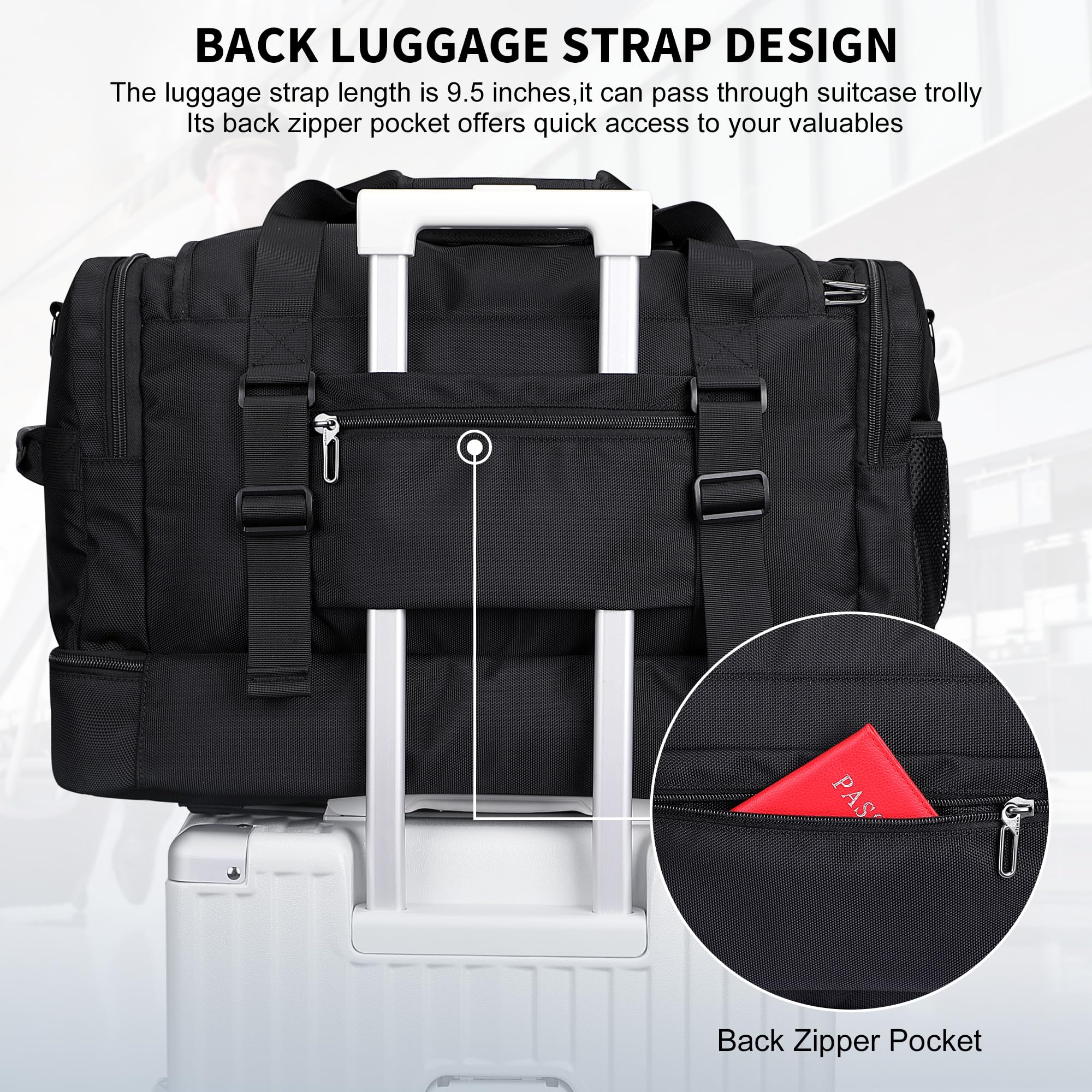 WITZMAN Reisetasche Herren 50L Weekender Gym Sporttasche mit Schuhfach | Nylon, Mehrere Taschen mit Nassfach, Konvertierbar, Große, Handgepäck Flugzeug, Für Reisen, Sport, Sauna, B723 Schwarz