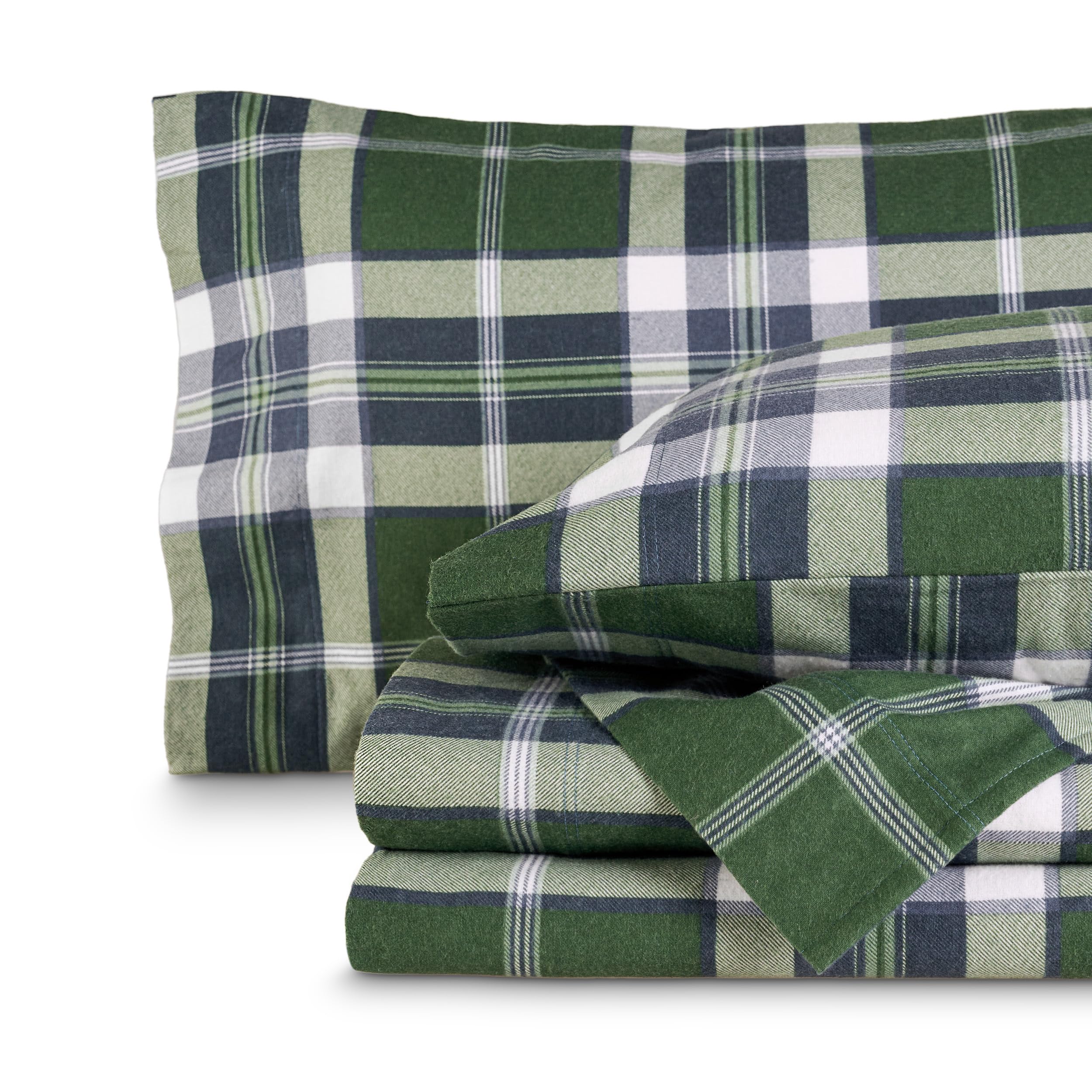 Bare Home Cotton Flannel Sheet Set Prints, 100% Cotton, Velvety Soft Heavyweight - Double Brushed for Softness & Comfort - Deep Pocket - Bed Sheets (Full, Enchanted Plaid - Green)