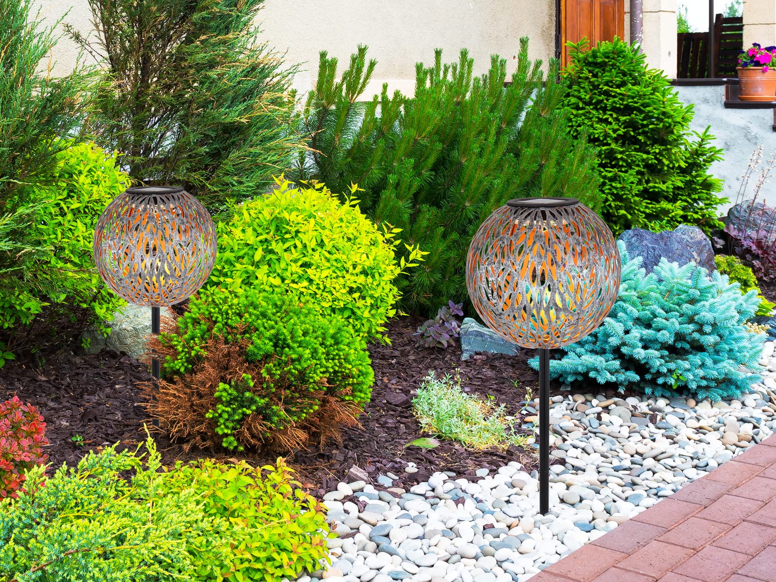meineWunschleuchte Bolas solares LED de metal en juego de 2 – Ø 18 cm – Efectivo juego de luz a través de adornos