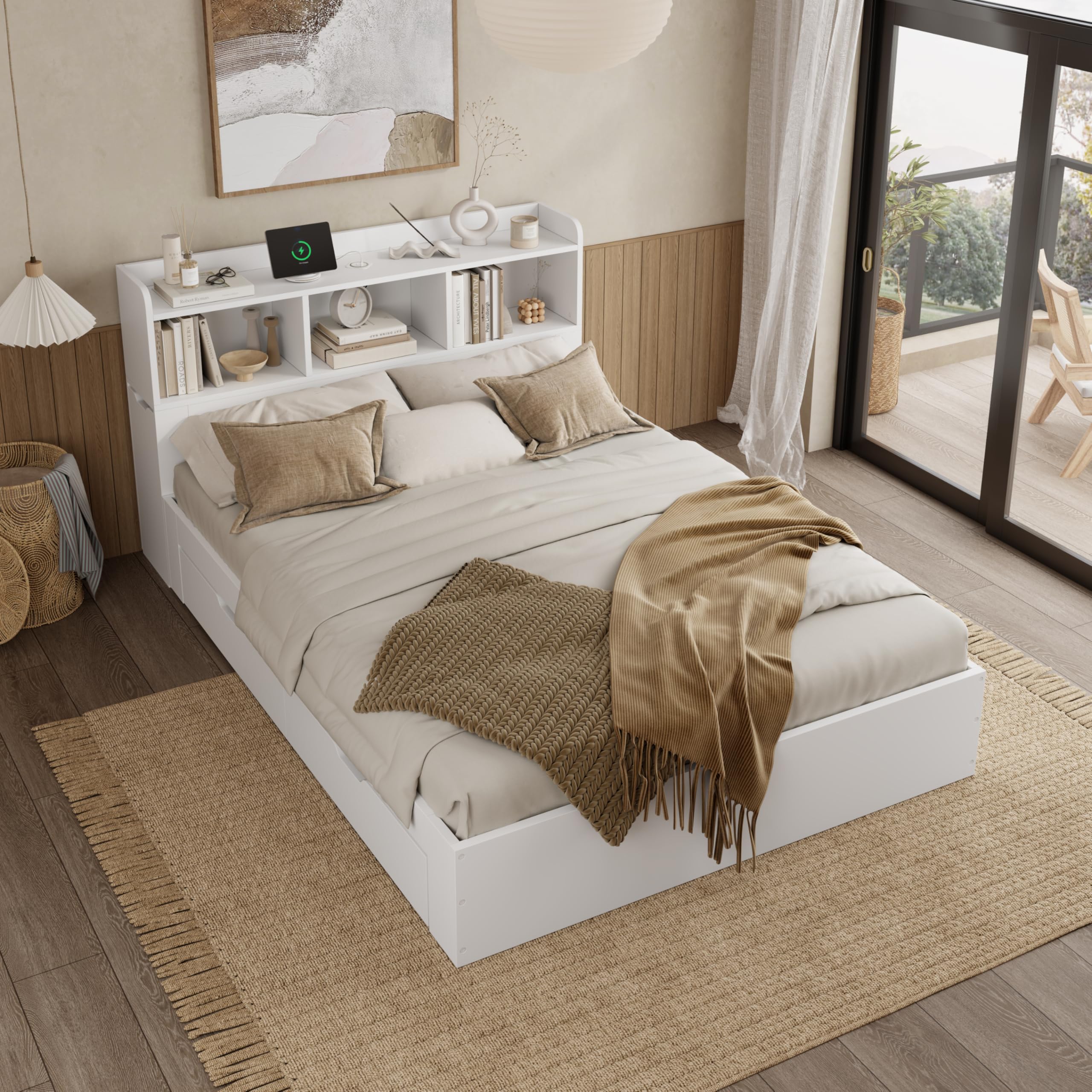 okwish Holzbett 140x200 cm Doppelbett, Funktionsbett mit Typ-C & Kabelloses Laden, Bett mit Stauraum - Stauraumbett mit Nachttischen, Schubladen & Stauschrank, Bettgestell mit Lattenrost, Weiß