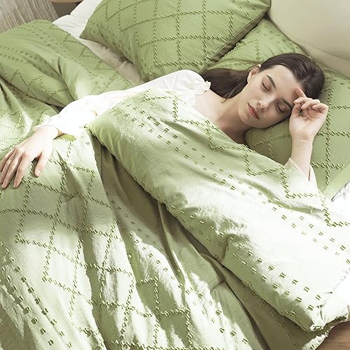 Miniatura 6 de ELNIDO QUEEN Juego de edredón bohemio copetudo tamaño matrimonial, juego de edredón suave de 3 piezas verde salvia para todas las estaciones, juegos