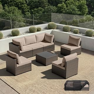 Patio Furniture Set - All-Weather - 7 Piece Patio Outdoor Conversation Set, Modular Wicker Rattan Sectional Sofa for Backyard, Garden, Poolside, Balcony, Porch, Patio, Brown/Khaki