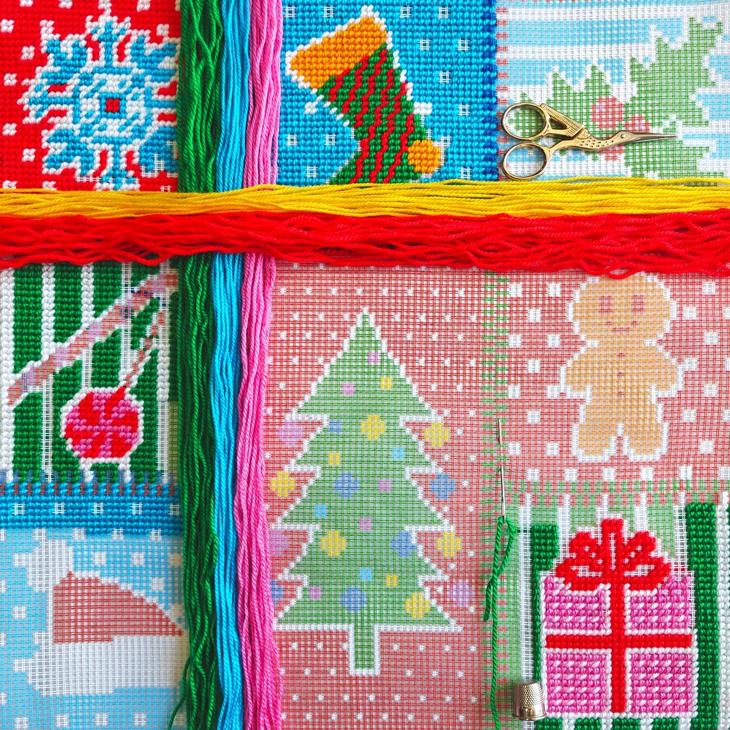 Brvsk Christmas Needlepoint Kit for Adults and Beginners — Patchwork 16″ × 16″ with Clear, Precise Printed Design on Cotton Canvas; Includes 2 Needles, Yarn, and Easy-Read Chart
