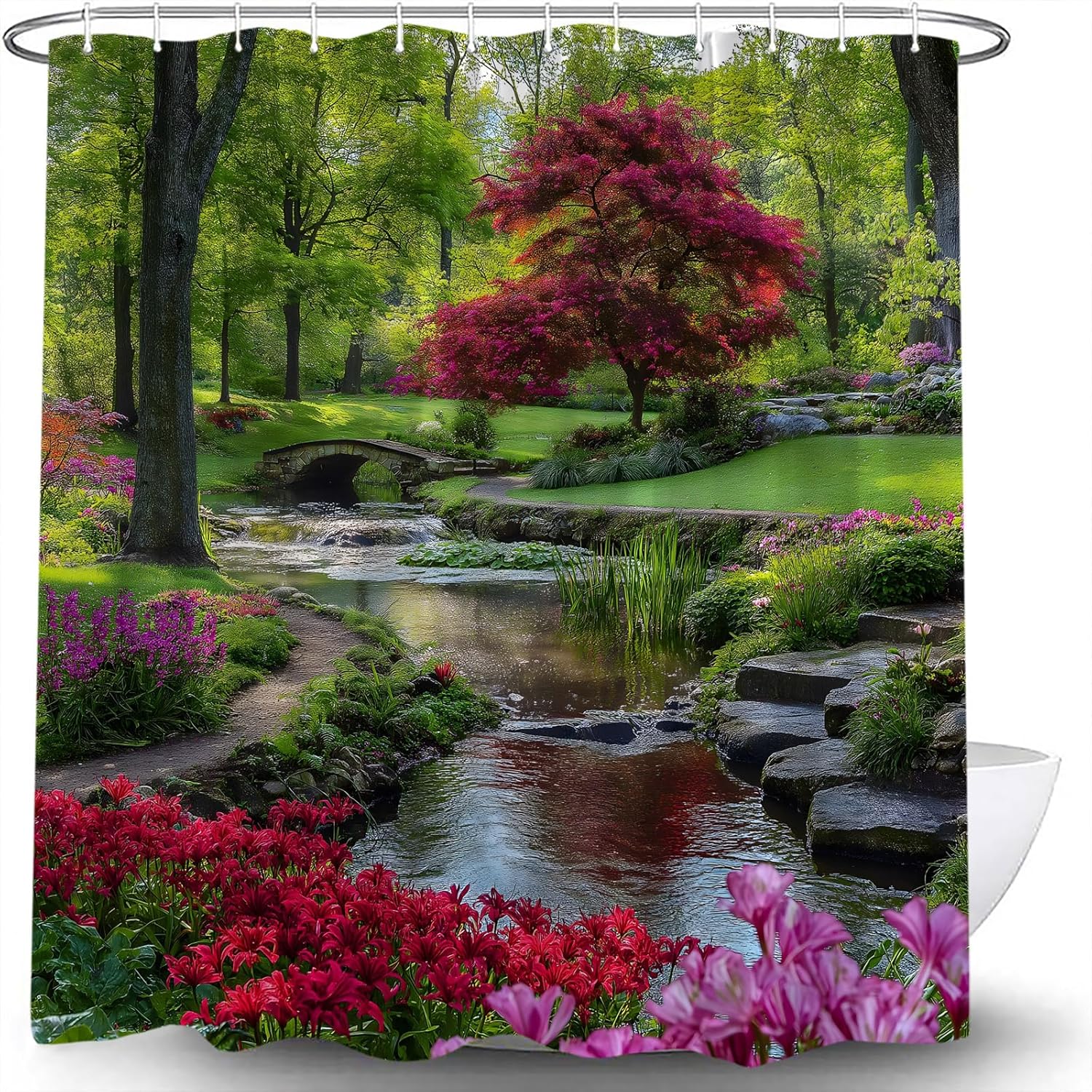 Garden Shower Curtain Green Plants River Landscape Spring Nature Scenery Rustic Floral Stream Country Decor Bathroom Curtain Set with Hook