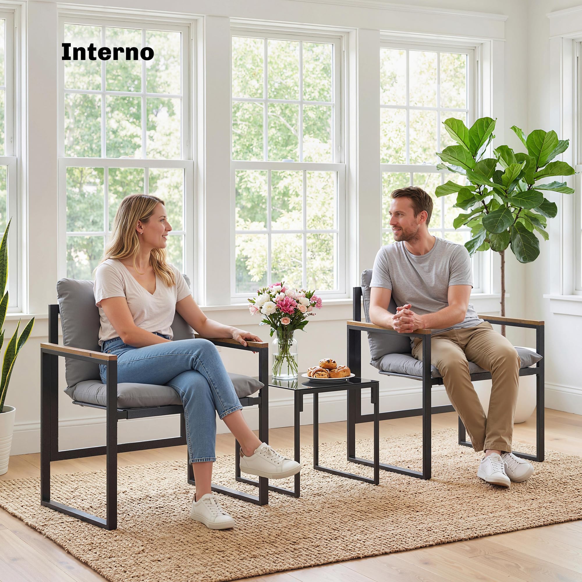Outsunny Set da Bistrò da 3 Pezzi, Set da Giardino con 2 Sedie Texteline, Tavolo Vetro Temperato, Cuscini Spessi, Braccioli Decorativi, Set di Mobili da Giardino in Metallo, per Patio Balcone, Grigio