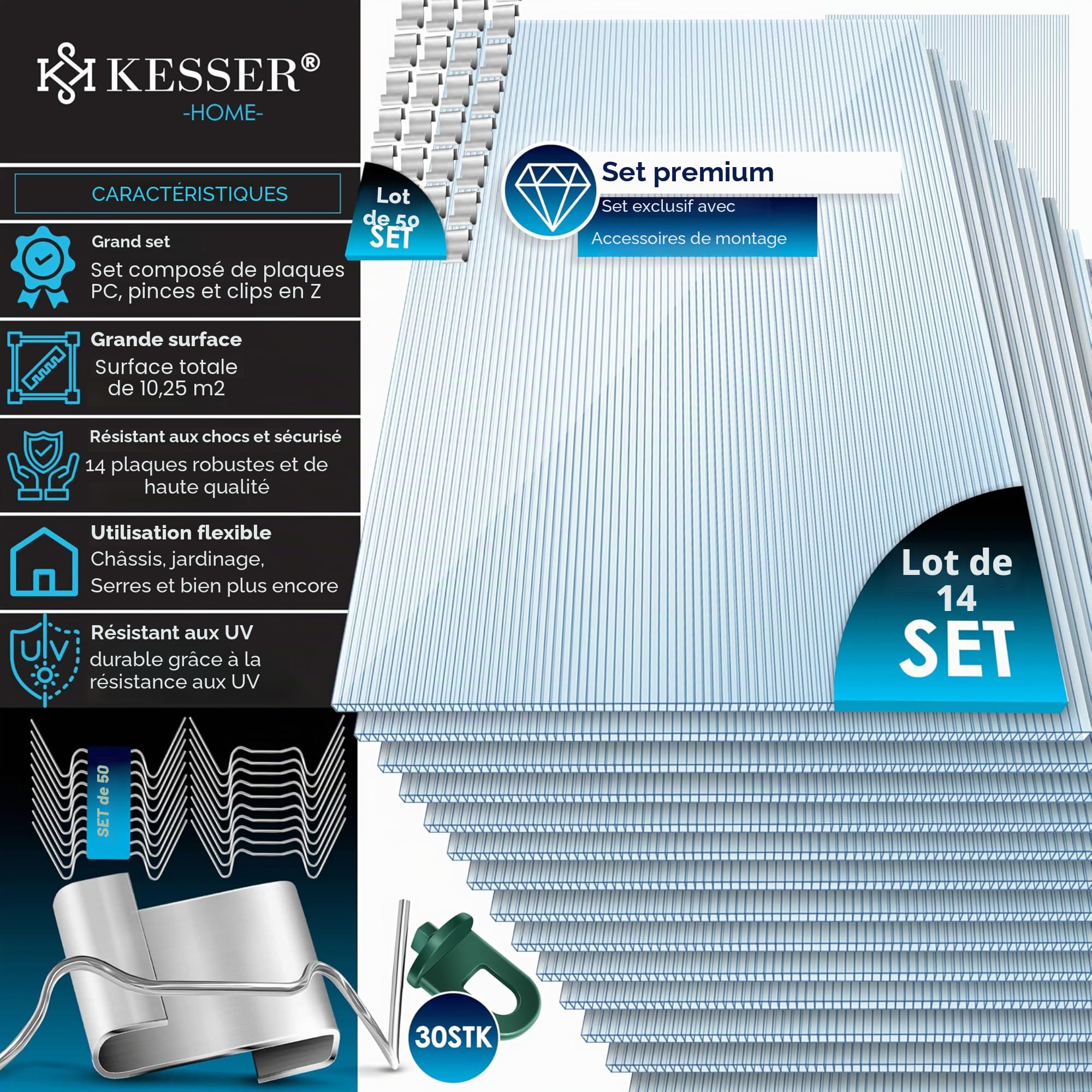 KESSER® 14 Plaques alvéolaires en Polycarbonate 4 mm | Panneau alvéolaire Double de 10,25 m², 121 x 60,5 cm