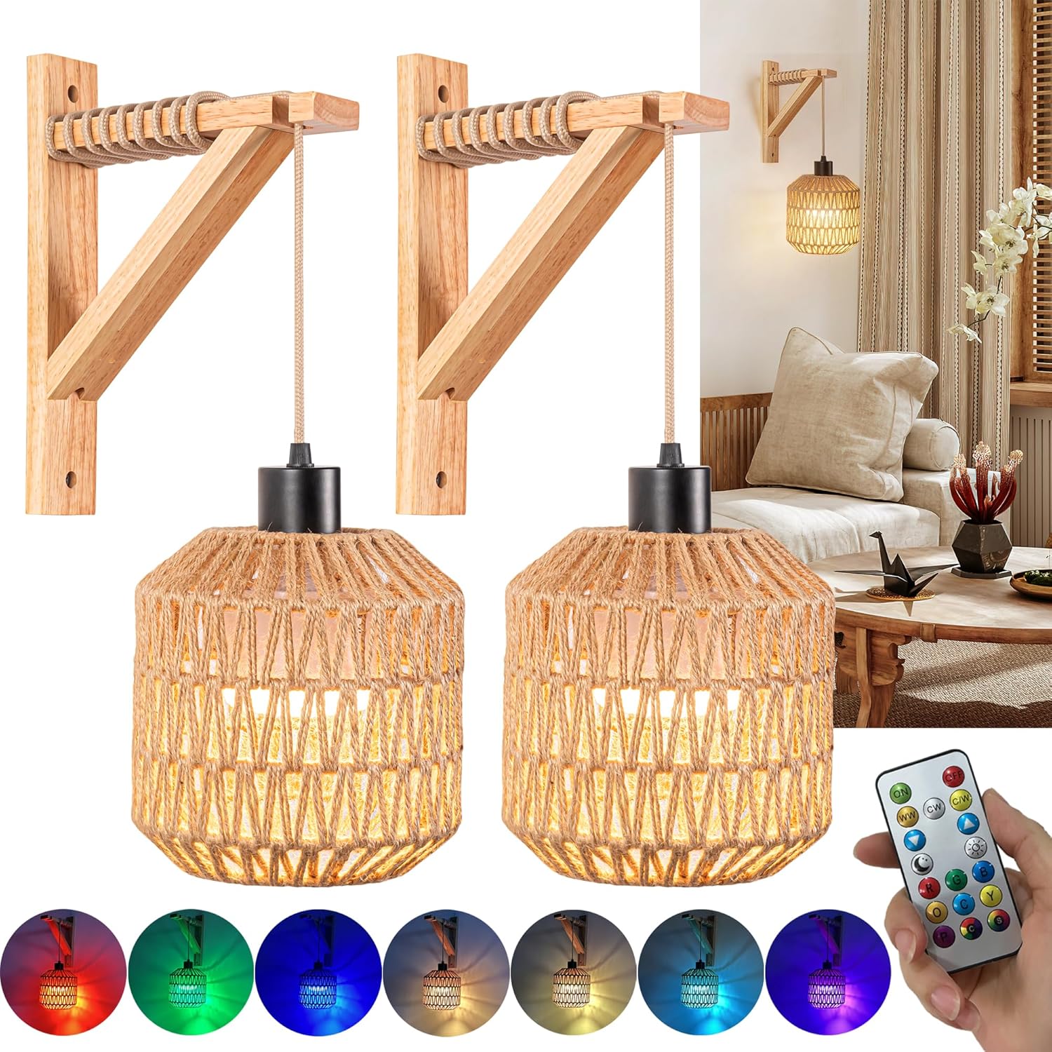 Battery Operated Wall Sconce Set Of 2,Wireless Rechargeable Wall Lights With 50 Hours Long Battery Life RGB Color-Changing Light Bulbs,Farmhouse Woven Rattan Wall Sconce Ideal For Boho Lighting