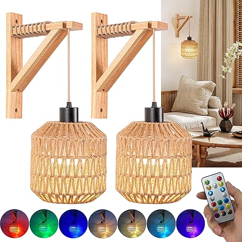 Battery Operated Wall Sconce Set Of 2,Wireless Rechargeable Wall Lights With 50 Hours Long Battery Life RGB Color-Changing Light Bulbs,Farmhouse Woven Rattan Wall Sconce Ideal For Boho Lighting