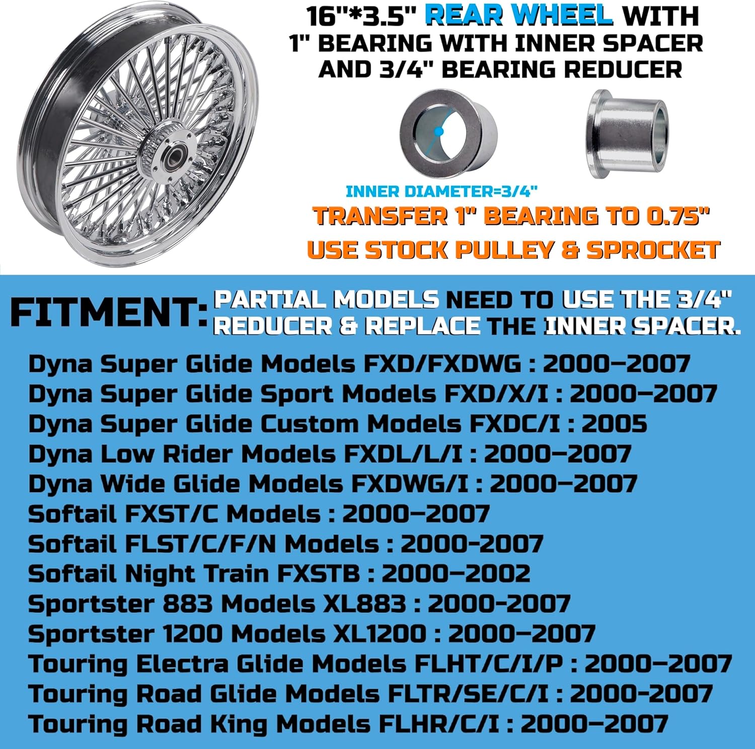FatFlex 16" Rear Wheel Chrome Fat Spokes 3.5" Rim for Harley Dyna/Softail/Touring 00-07 – Dual Bearing (1" & 3/4") w/Reducer