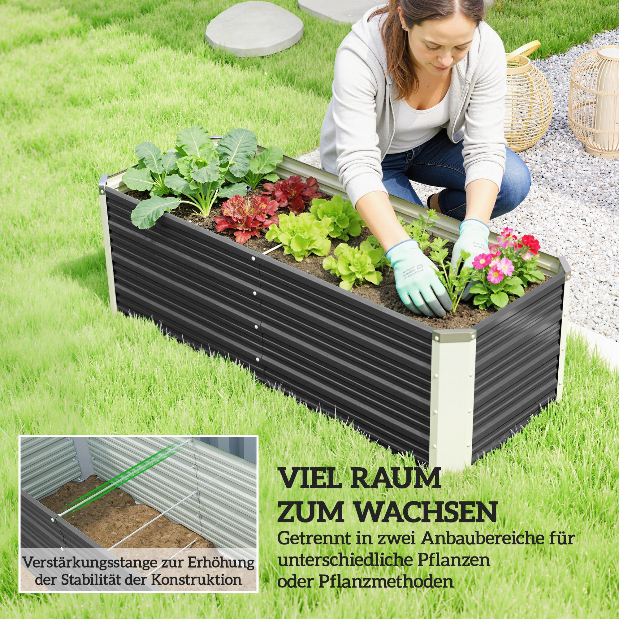 Outsunny Hochbeet aus Stahl mit Handschuhe 125 x 47 x 44 cm Kohlegrau | Schmal Gartenbeet, Pflanzkasten, Blumenkasten, Blumenkübel