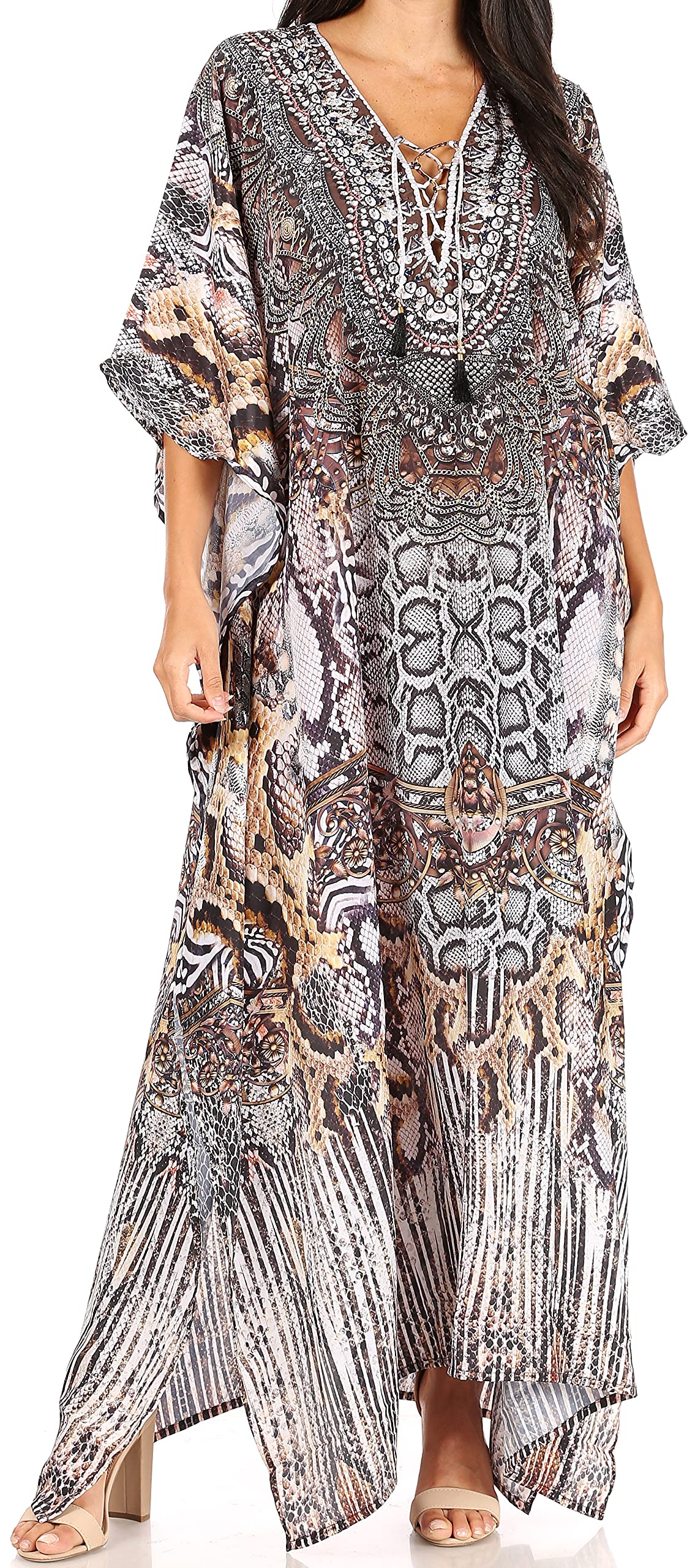 Sakkas Yeni Women's Short Sleeve V-Neck Summer Floral Long Caftan Dress Cover-up