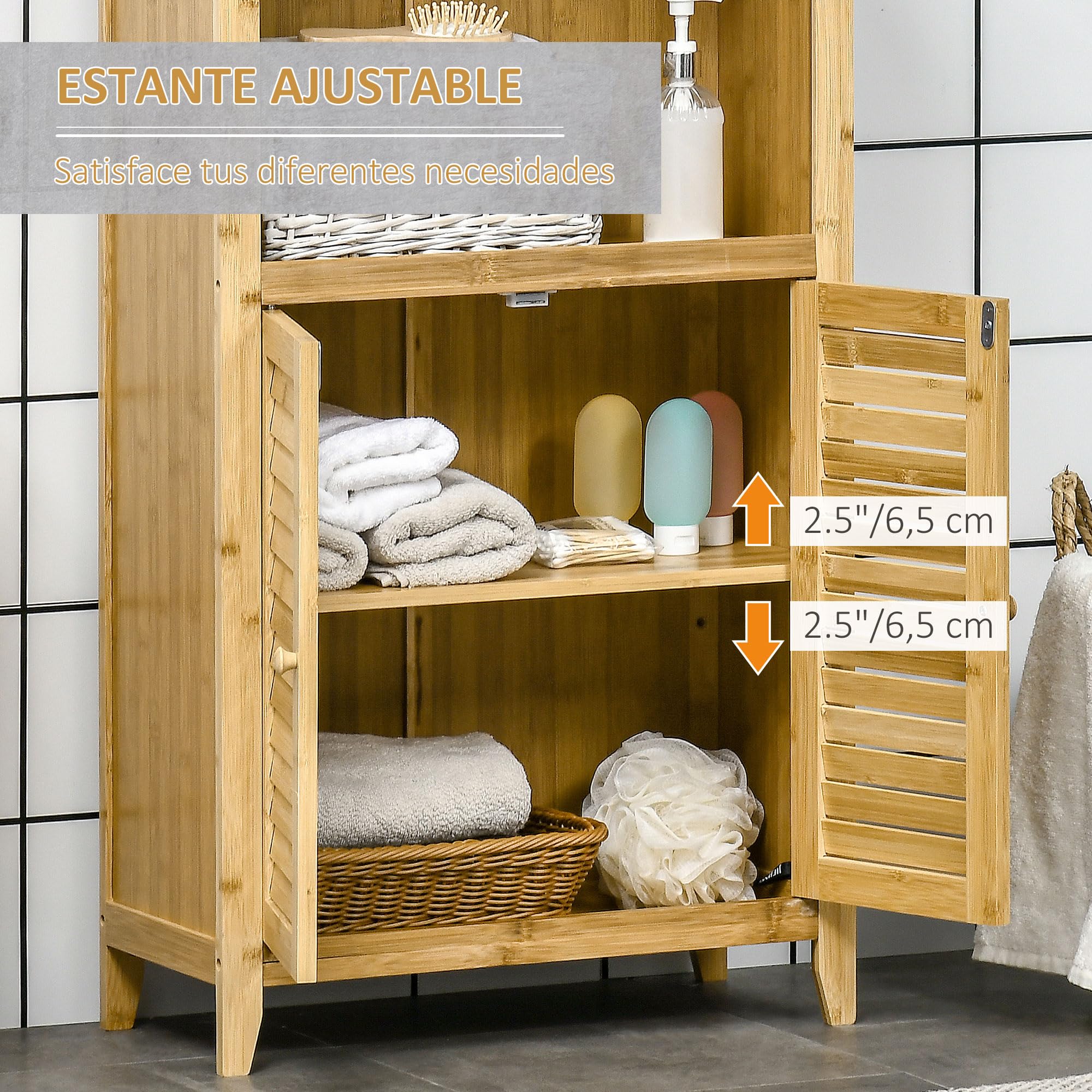HOMCOM Armario Auxiliar de Baño de Bambú 2 Puertas 50x25,5x92 cm Natural | Armario de Suelo de Baño, Compartimiento Abierto, Estante Ajustable