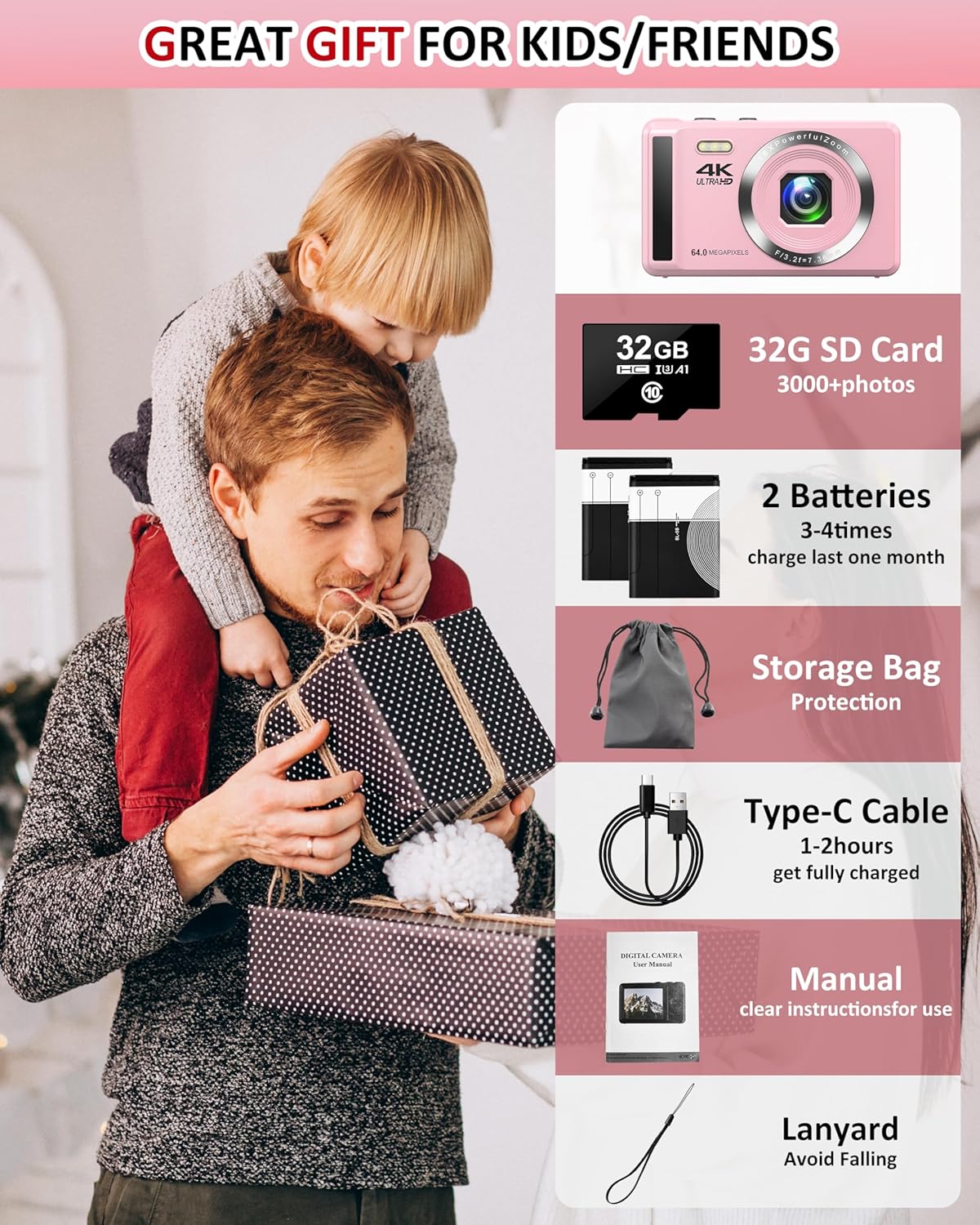 4K Digital Camera - 64MP UHD Digital Cameras for Photography - Autofocus Point and Shoot Camera Compact Cameras for Kids Teen Boys Girls - Small Camara with 16X Digital Zoom, 32GB SD Card, 2 Batteries - Image 7