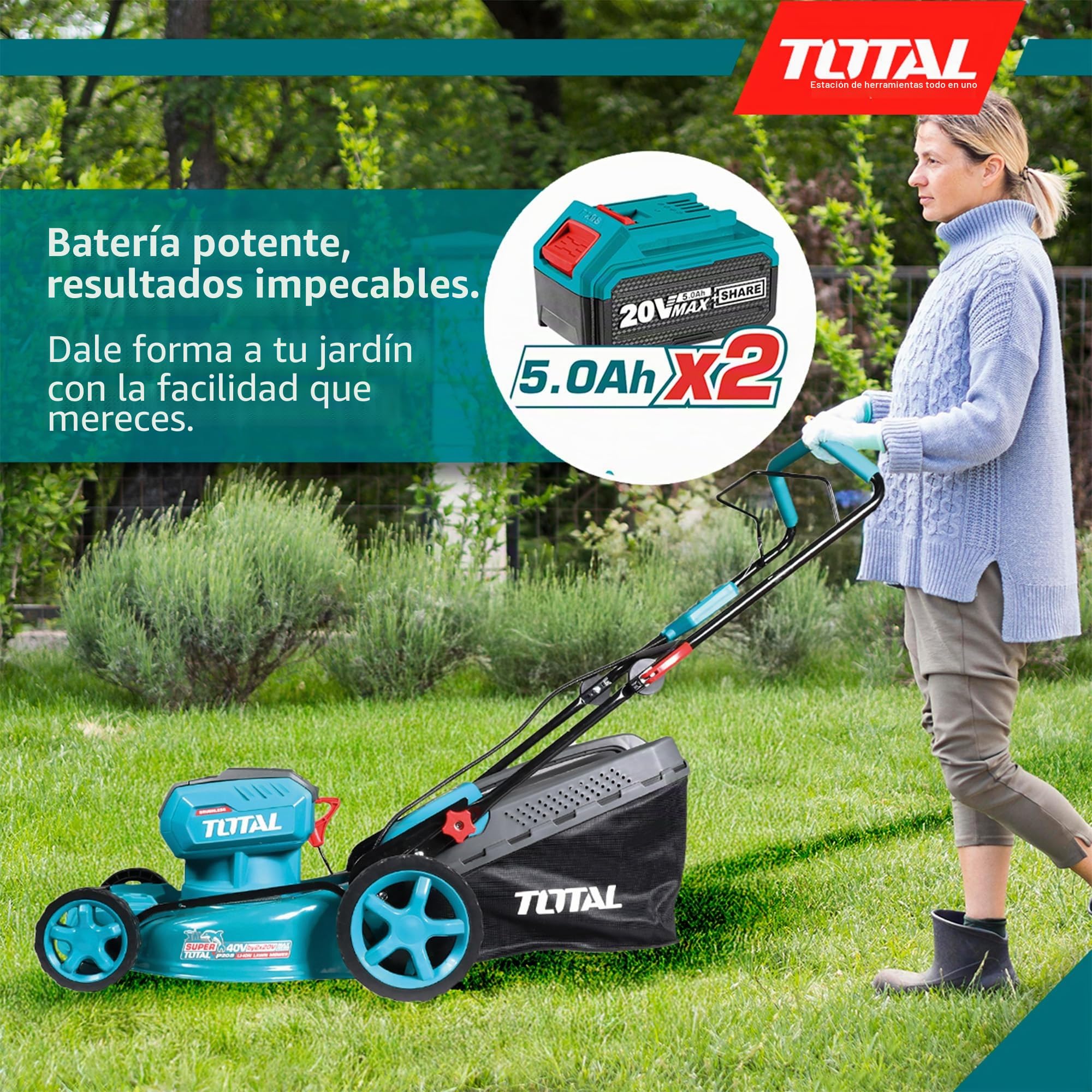 TOTAL - Cortacésped Brushless A Batería | Batería de 40V de Larga Duración | Incluye 2 Baterías y Cargador Rápido Doble | Fácil de Montar |con Ajuste de Altura | Cómodo de Manejar