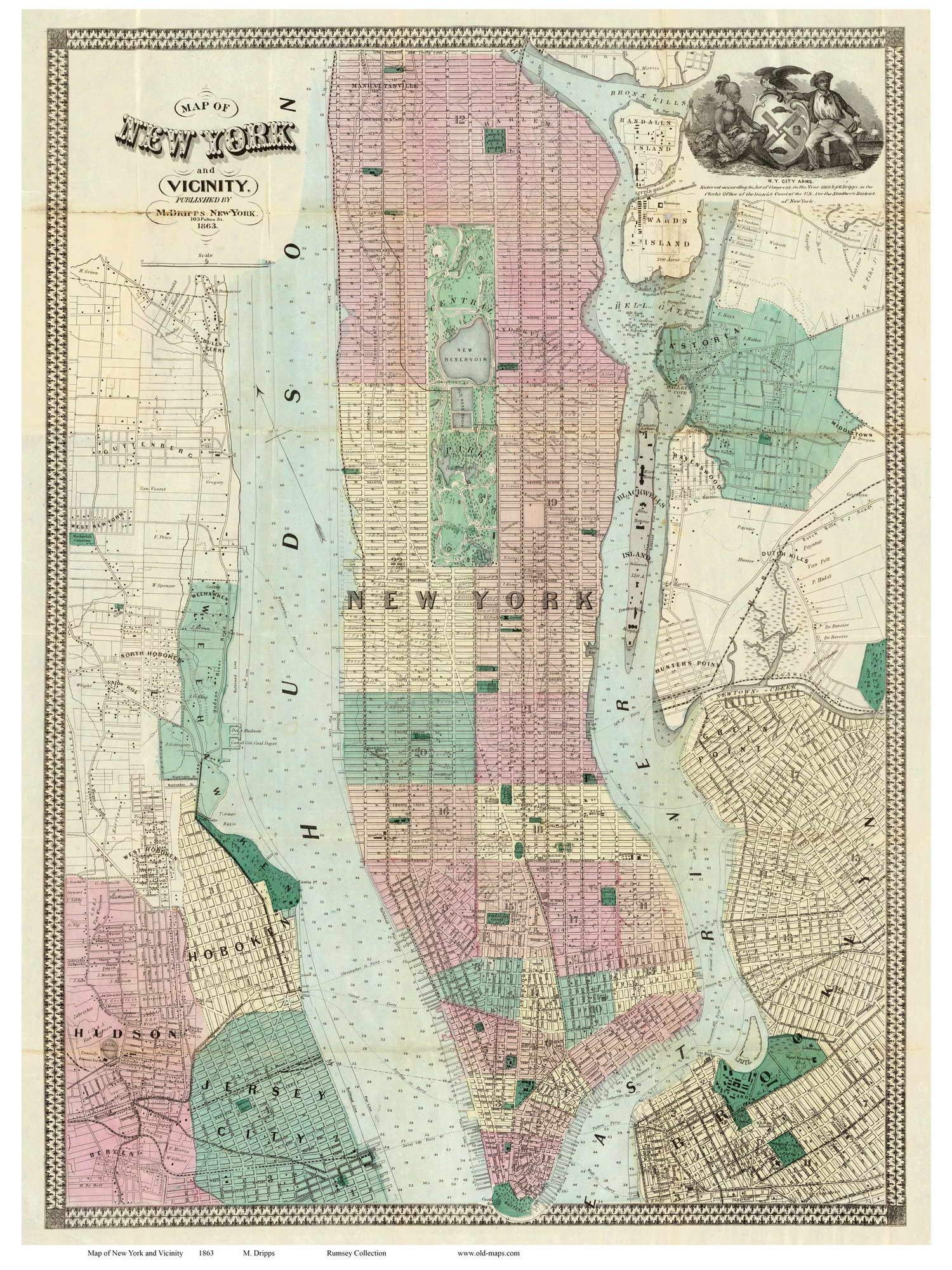 町民　ページ Amazon.com: New York City & Vicinity 1863 Map by Dripps Landowner