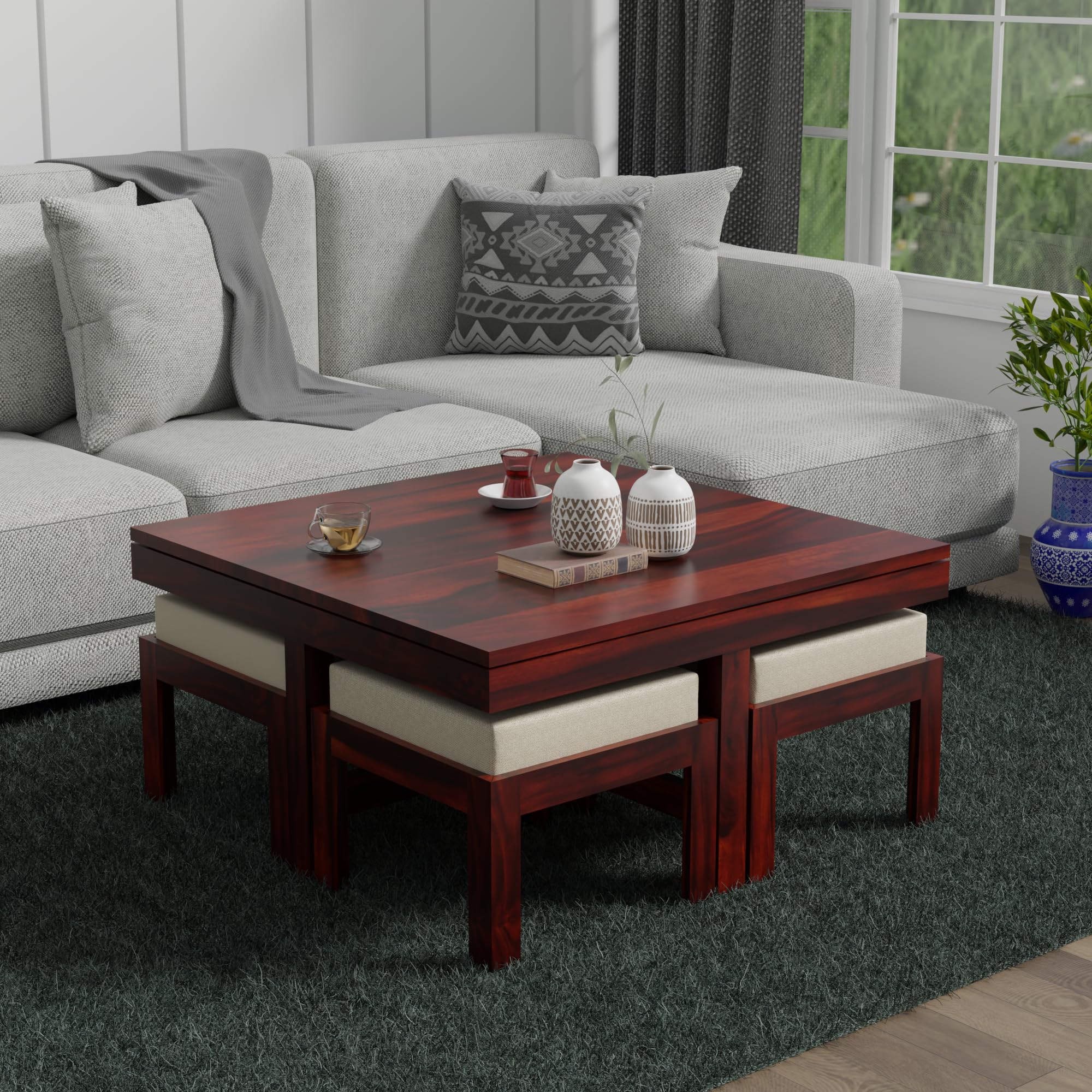 Solid Sheesham Wood Coffee Table with 4 Stool | Square Centre Table with Stool | Center Table with 4 Stools for Living Room | Patio Table with 4 Puffy for Home | Espresso Finish-image-43