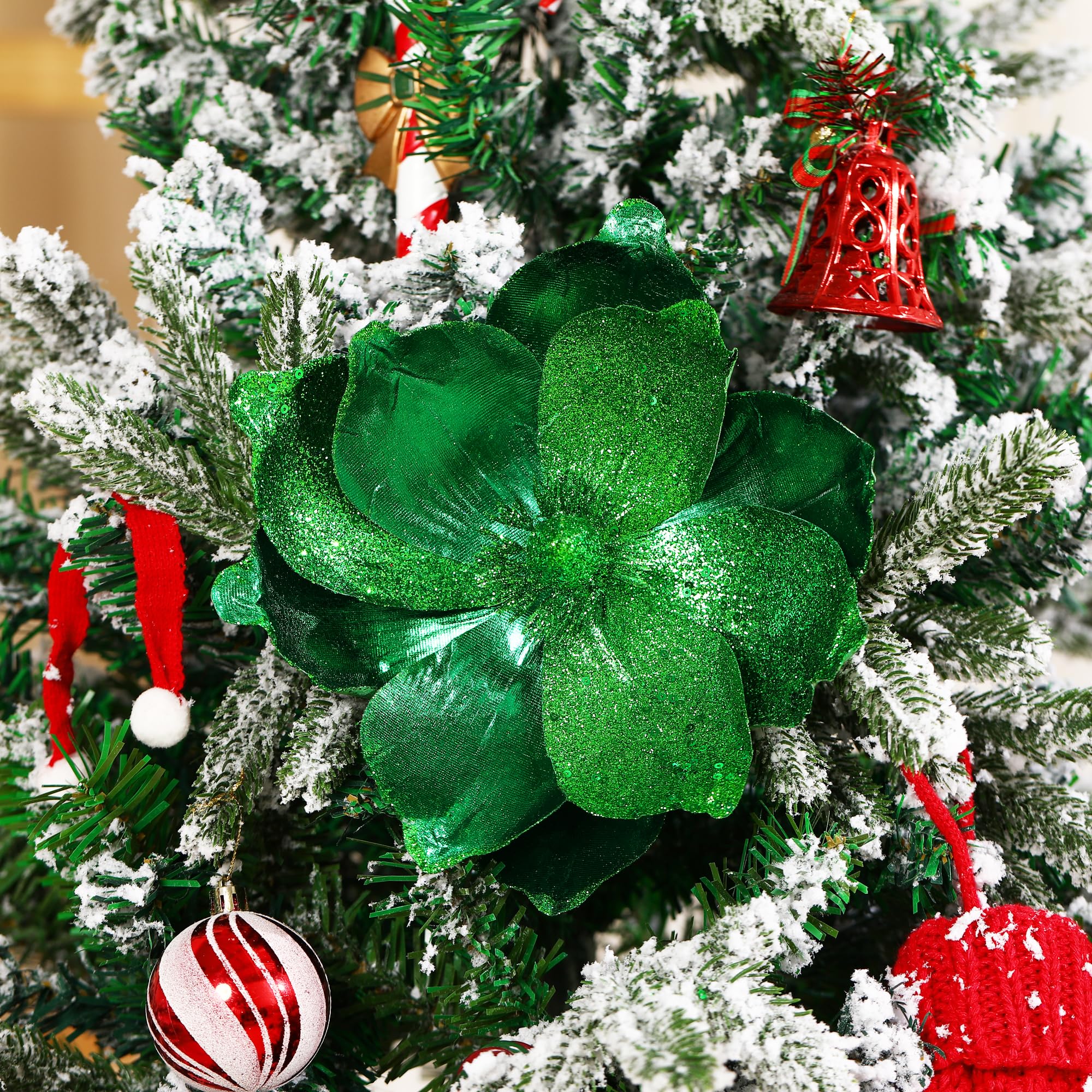 Flores de Navidad Grandes Con Purpurina de 10 Pulgadas - 6 Piezas de Adornos de Flores Artificiales de Magnolia Plegables Para Decoración de Árbol y Fiesta