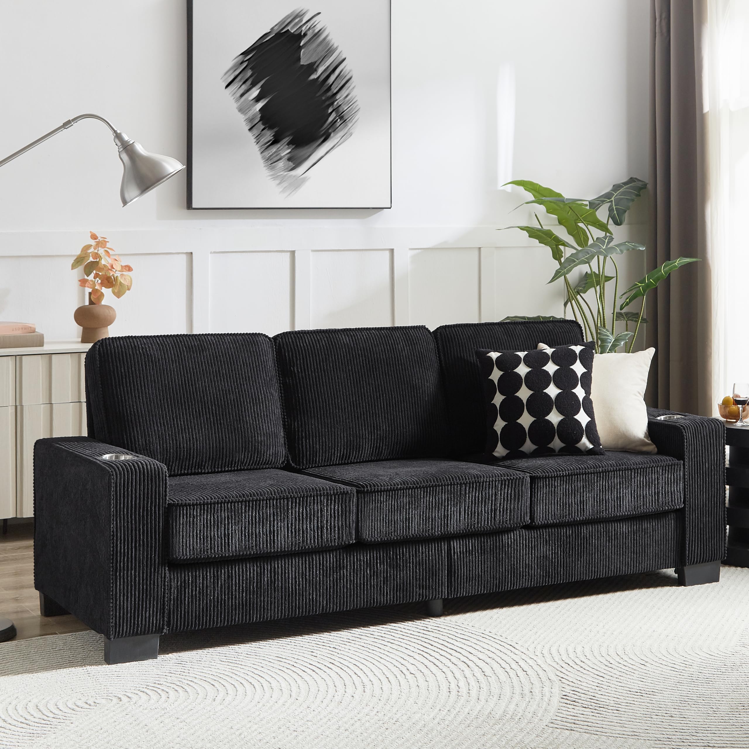 Divano a 3 posti in velluto a coste, moderno divano da soggiorno con portabicchieri, 206 cm, ideale per soggiorno, camera da letto e ufficio.
