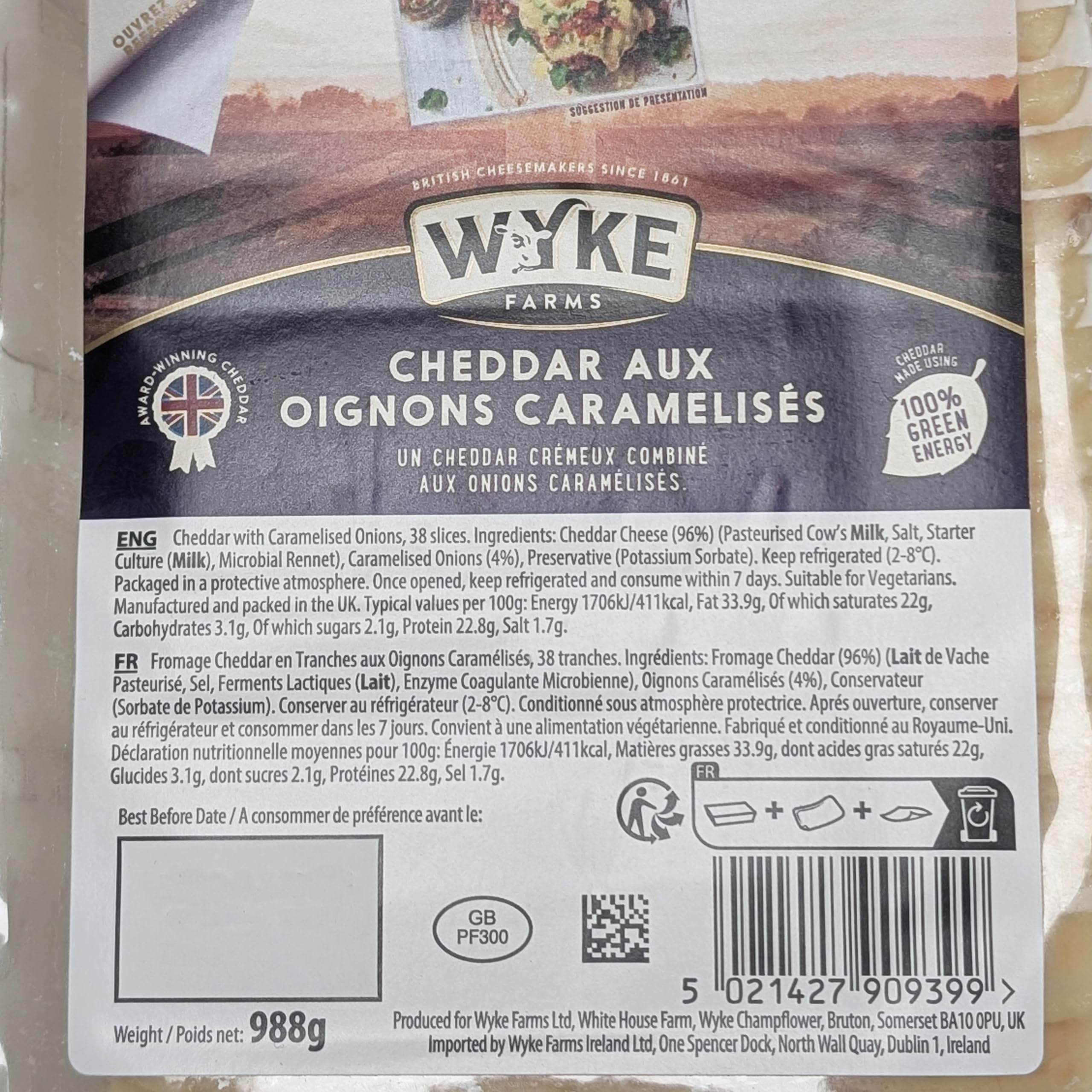 WYKE CHEDDAR-KÄSE mit karamellisierten Zwiebeln Großpackung 38 Scheiben 6x 980g cheddar cheese englischer Hartkäse ideal zu Burgern Sandwiches Wraps Pizza Salaten Gratins