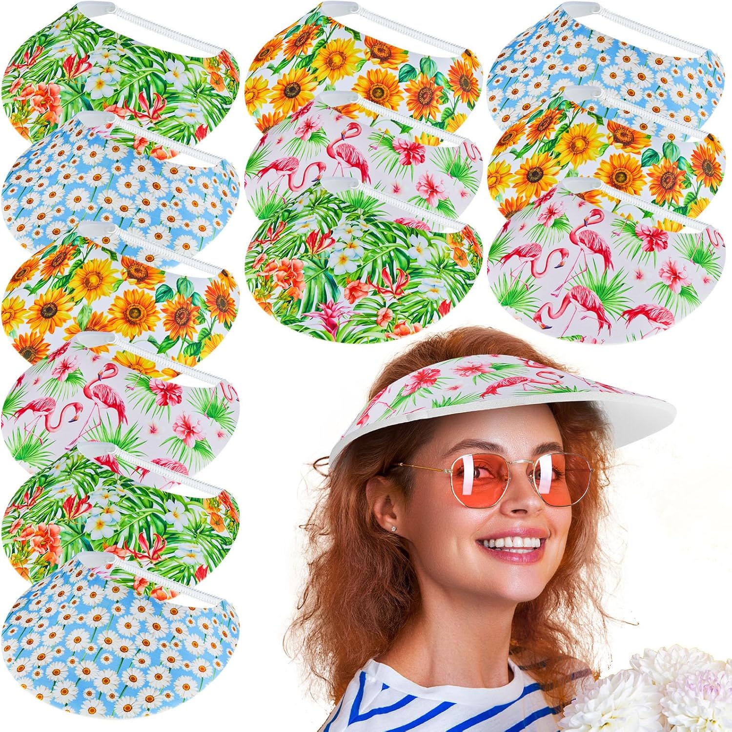 Jeyiour 12 Pcs Sun Visors for Women Flower Patterns Sun Visor Hat Soft