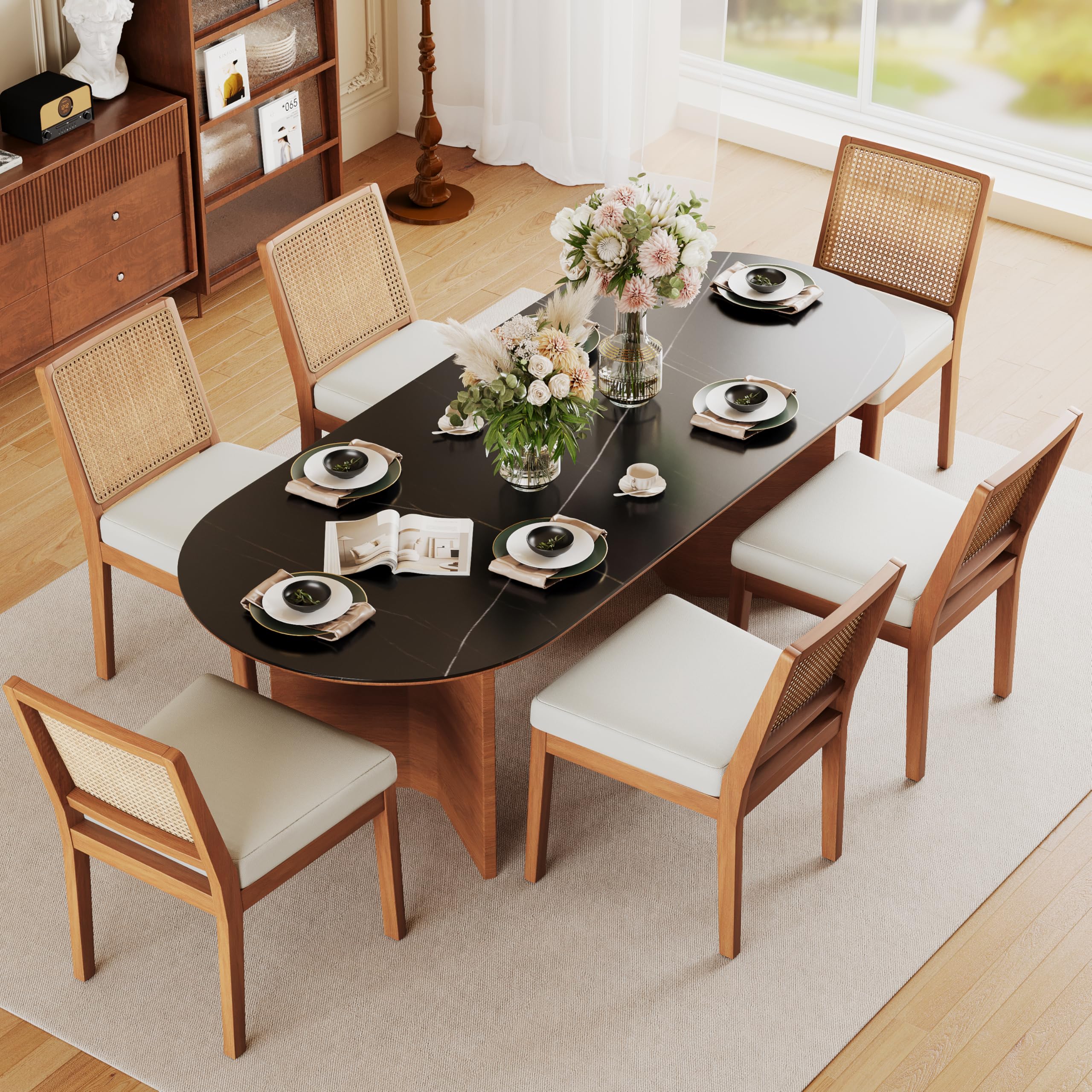 Andeworld Farmhouse Natural Rattan Dining Chairs Set of 6, Upholstered Mid Century Modern Kitchen Dining Room Side Chairs, Armless Faux Leather